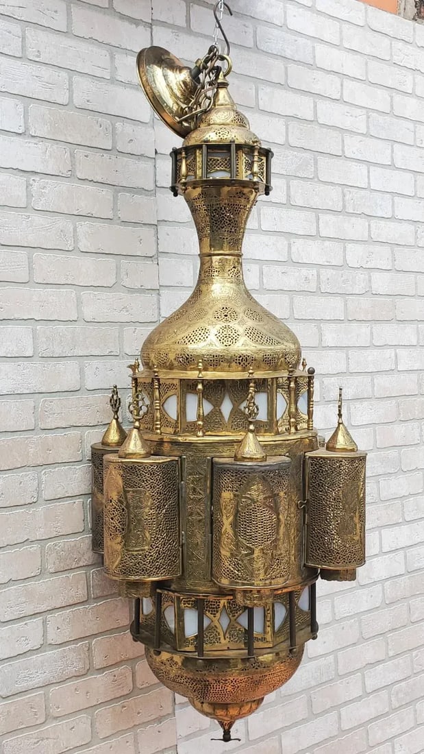 Antique Moroccan Moorish Style Pierced Brass Chandelier - 12