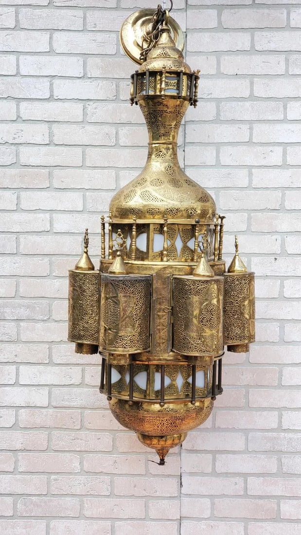 Antique Moroccan Moorish Style Pierced Brass Chandelier - 2