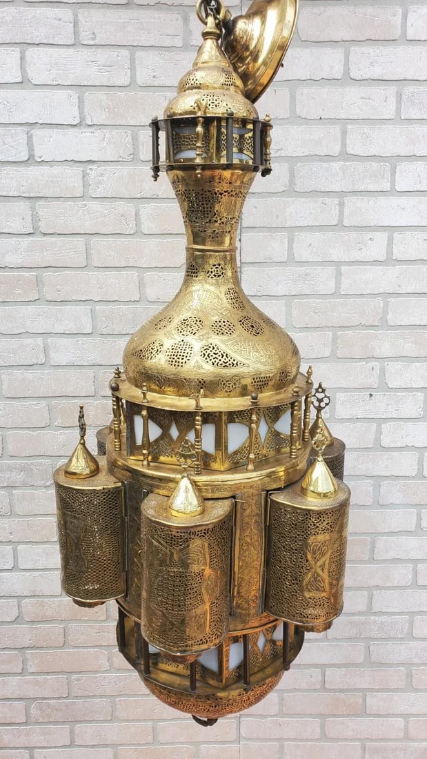 Antique Moroccan Moorish Style Pierced Brass Chandelier - 3