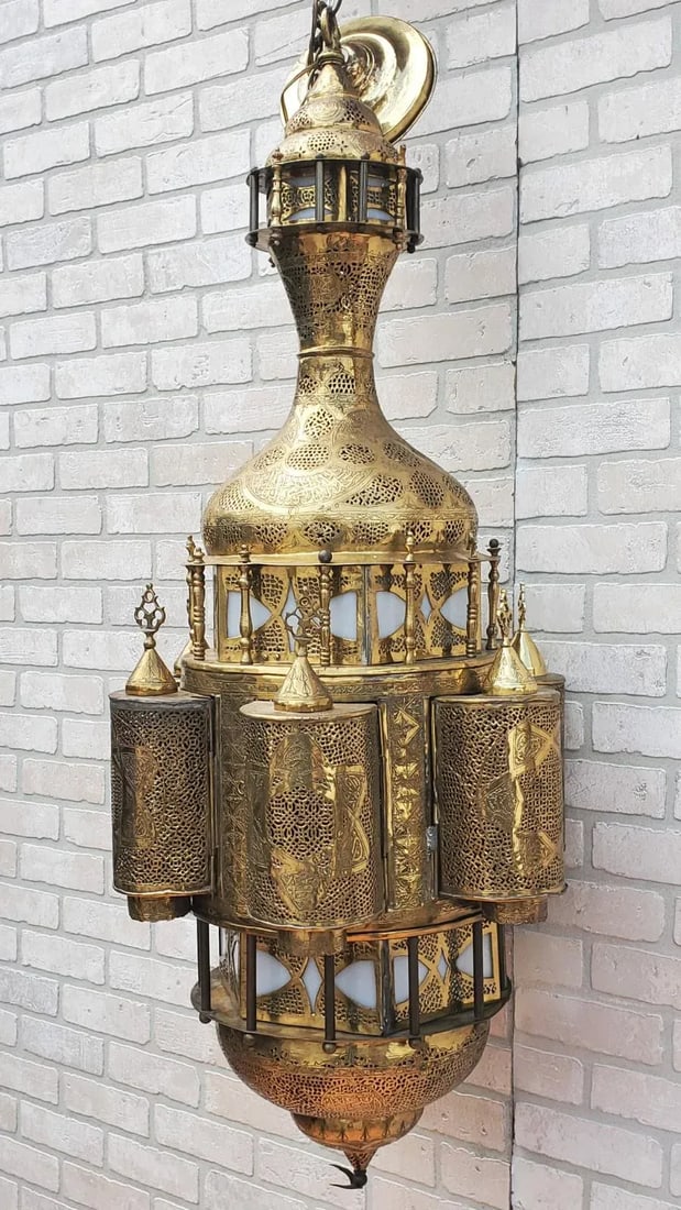 Antique Moroccan Moorish Style Pierced Brass Chandelier - 4