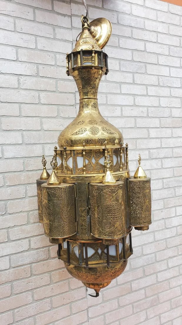 Antique Moroccan Moorish Style Pierced Brass Chandelier - 5