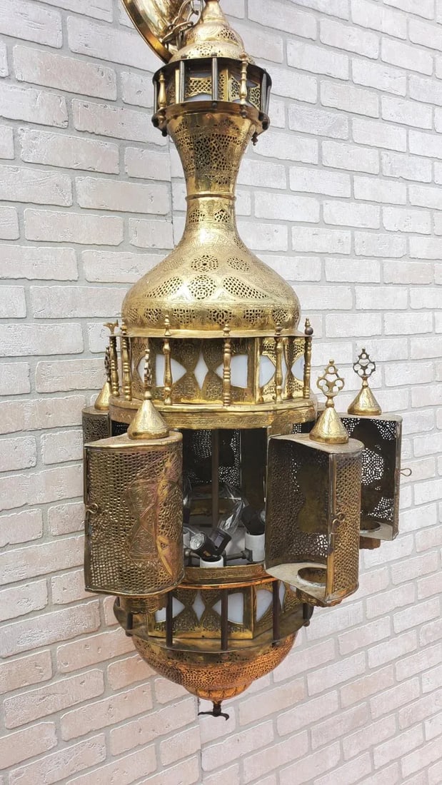 Antique Moroccan Moorish Style Pierced Brass Chandelier - 6