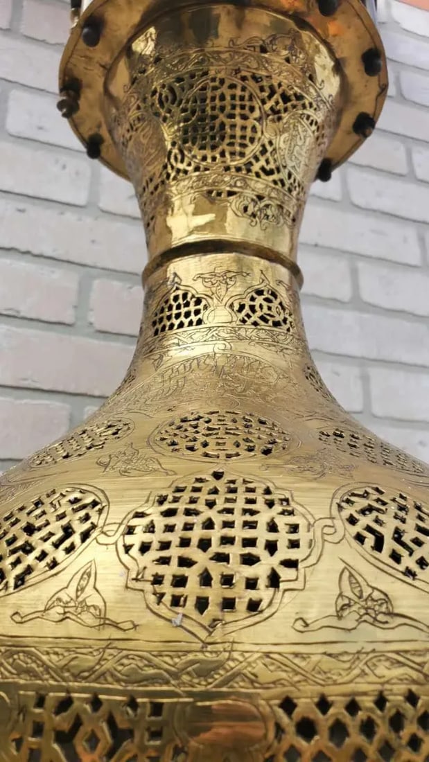 Antique Moroccan Moorish Style Pierced Brass Chandelier - 7