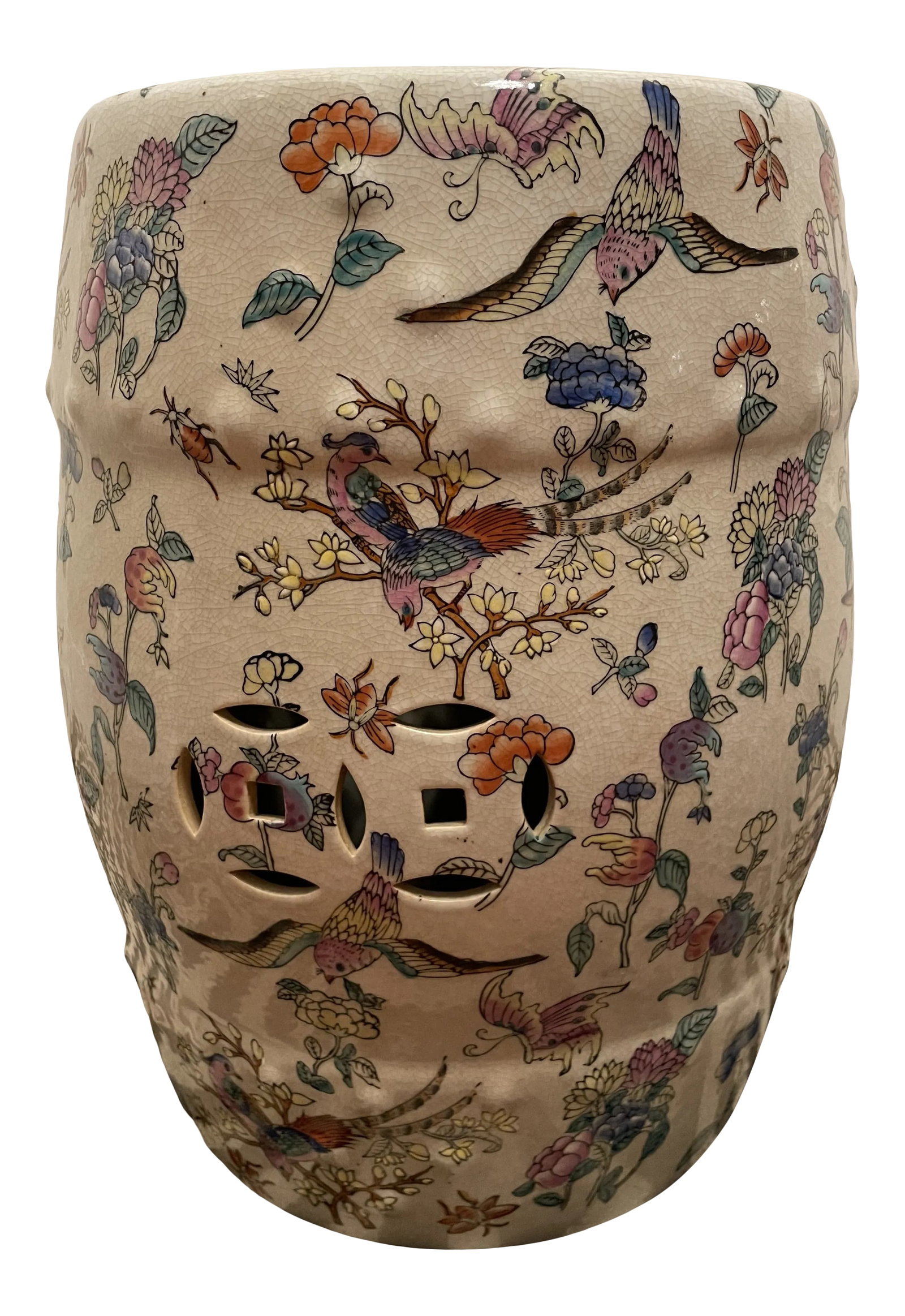Chinoiserie Famille Rose Floral and Fauna Porcelain Garden Stool Seat: This is a true vintage and rare mid century Famille Rose chinoiserie colorful garden seat in pink, yellow blue and green. Round in form, this ceramic piece is hand-painted with embosed figurative