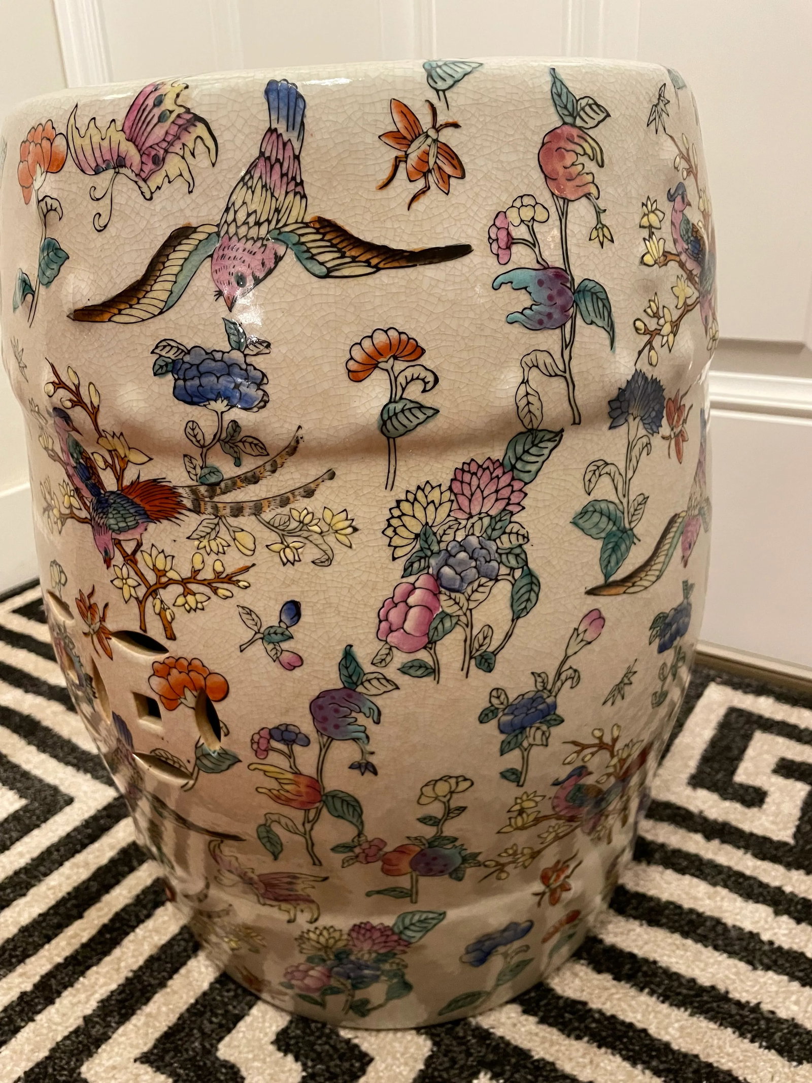 Chinoiserie Famille Rose Floral and Fauna Porcelain Garden Stool Seat - 2