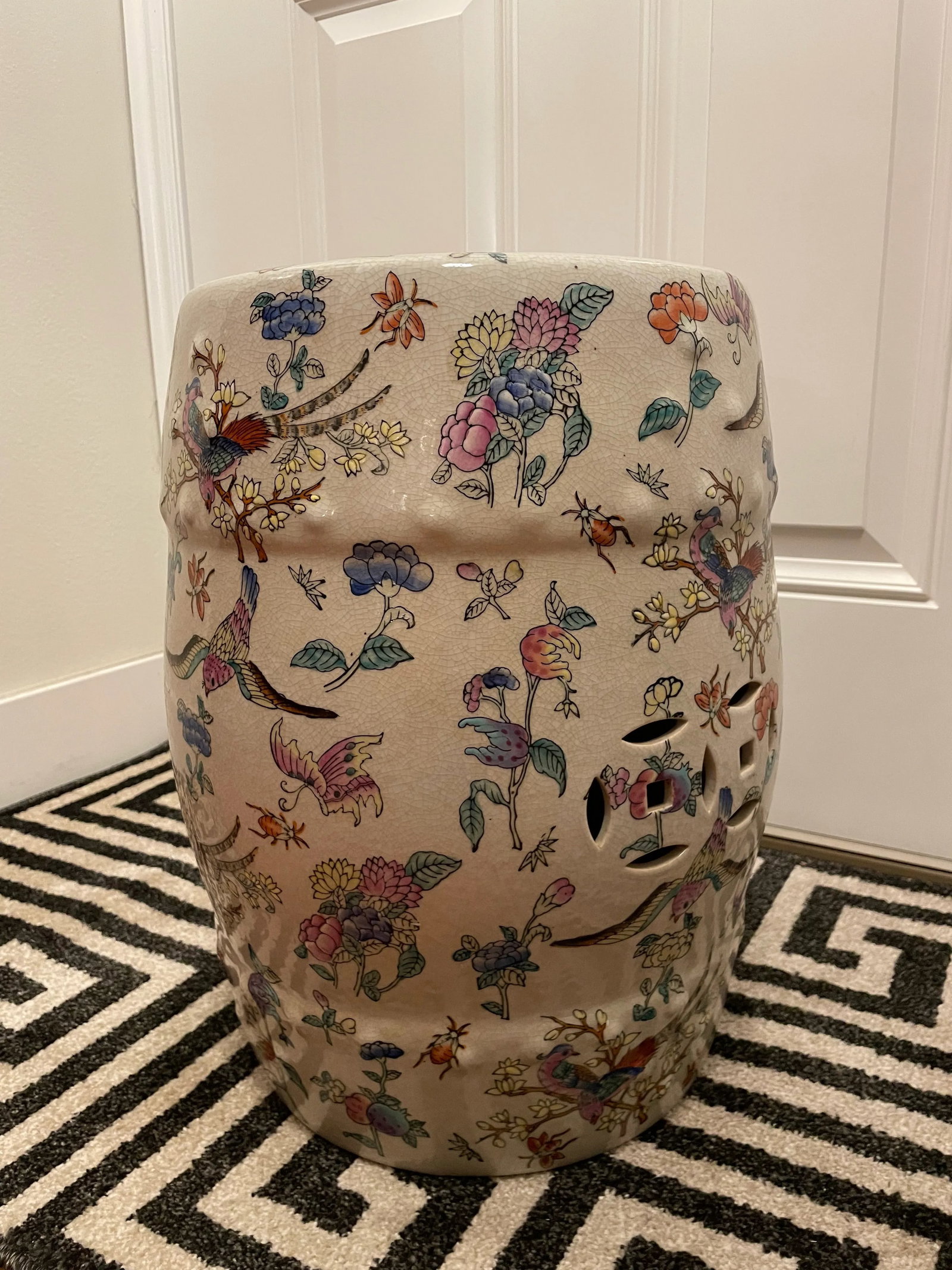 Chinoiserie Famille Rose Floral and Fauna Porcelain Garden Stool Seat - 5