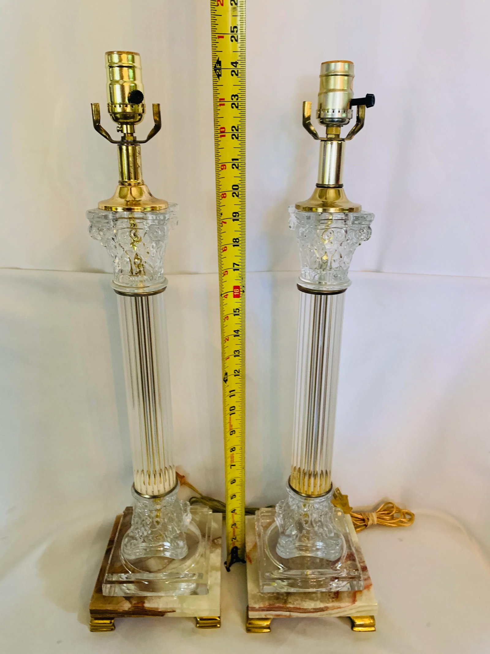 Mid 20th Century Corinthian Column-Style Marble, Glass & Brass Table Lamps - a Pair - 10