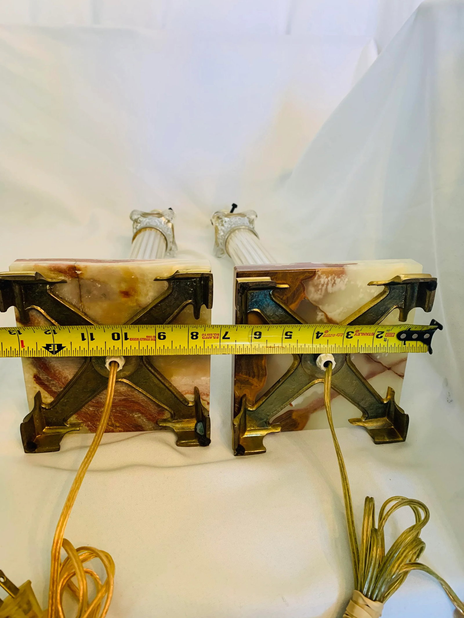 Mid 20th Century Corinthian Column-Style Marble, Glass & Brass Table Lamps - a Pair - 11
