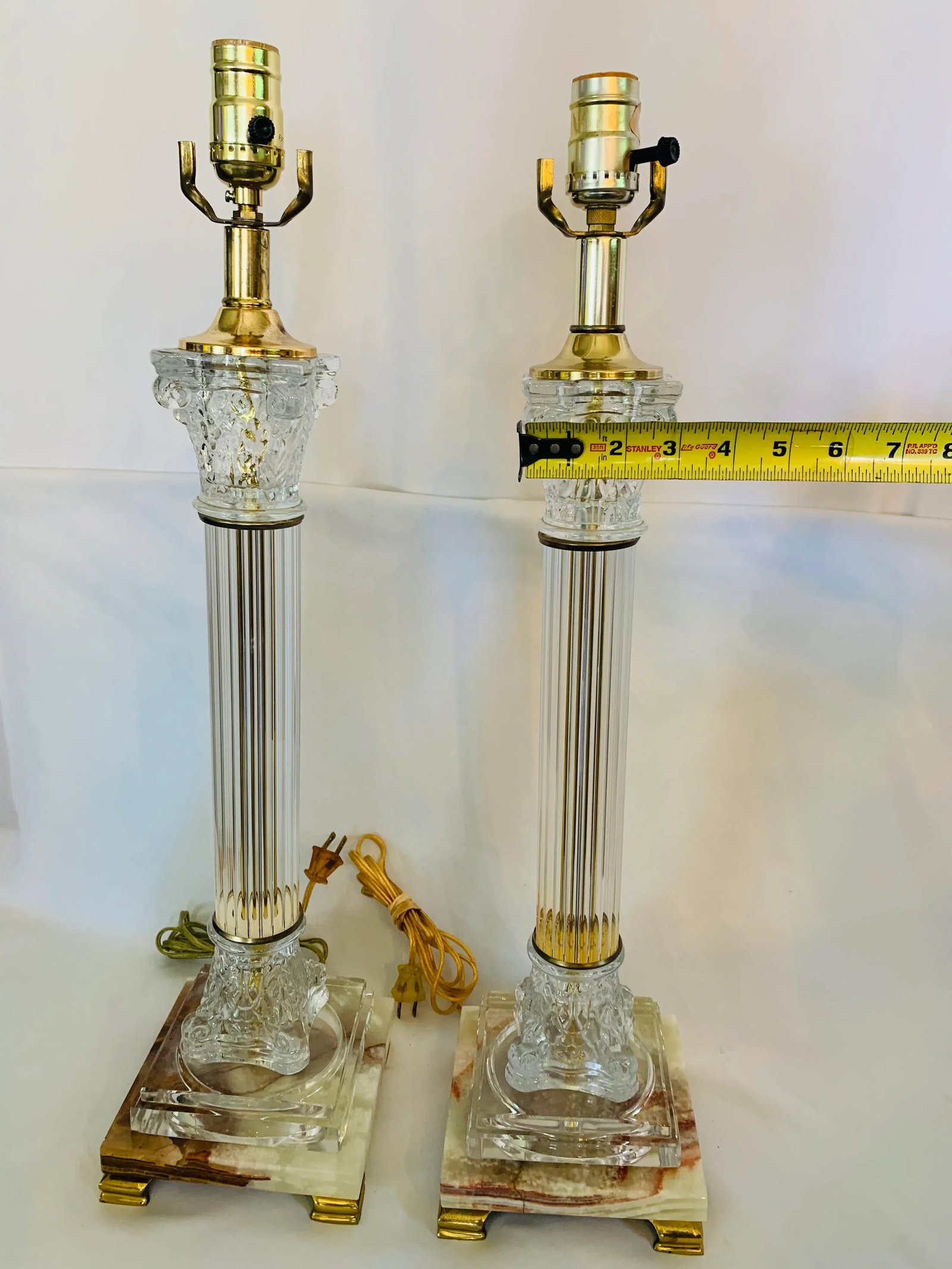 Mid 20th Century Corinthian Column-Style Marble, Glass & Brass Table Lamps - a Pair - 12