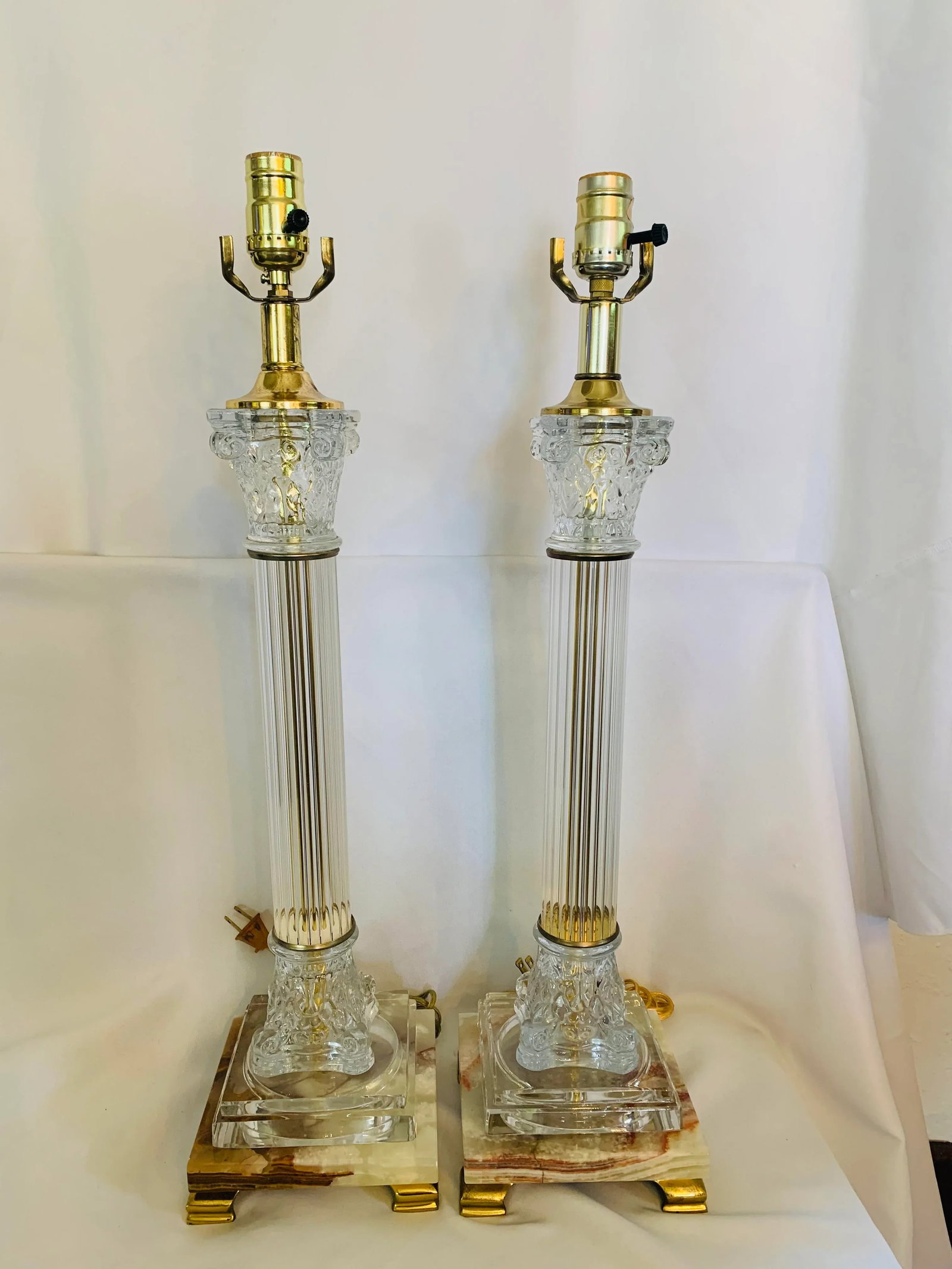 Mid 20th Century Corinthian Column-Style Marble, Glass & Brass Table Lamps - a Pair - 13