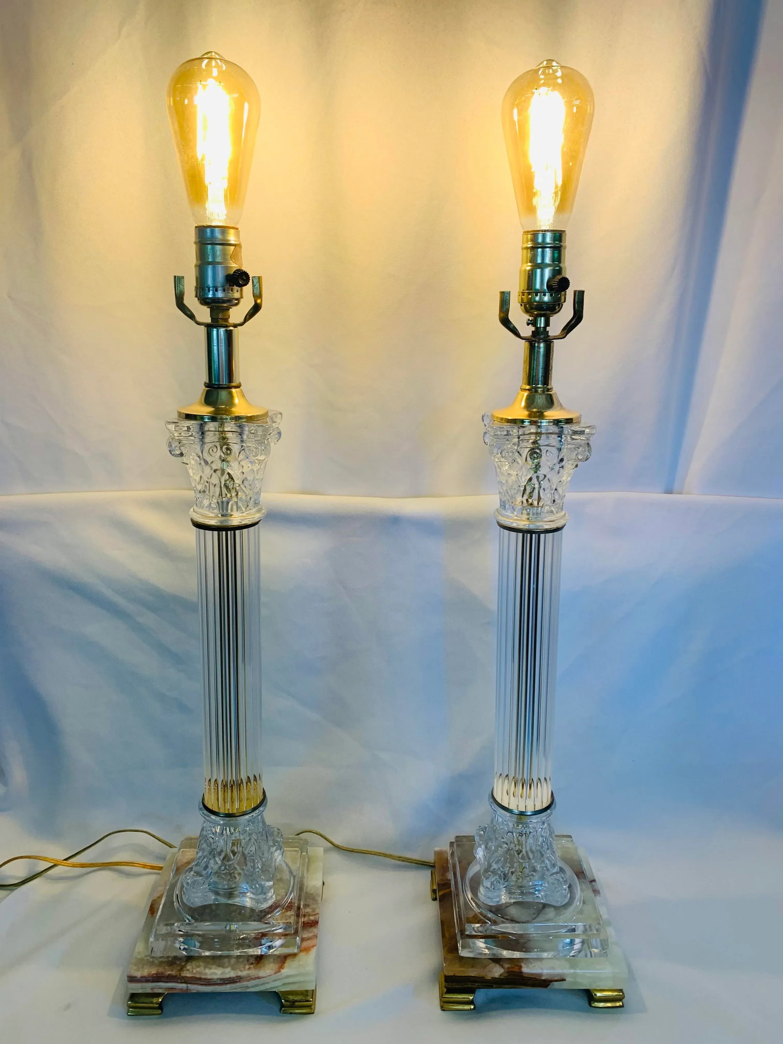 Mid 20th Century Corinthian Column-Style Marble, Glass & Brass Table Lamps - a Pair - 2