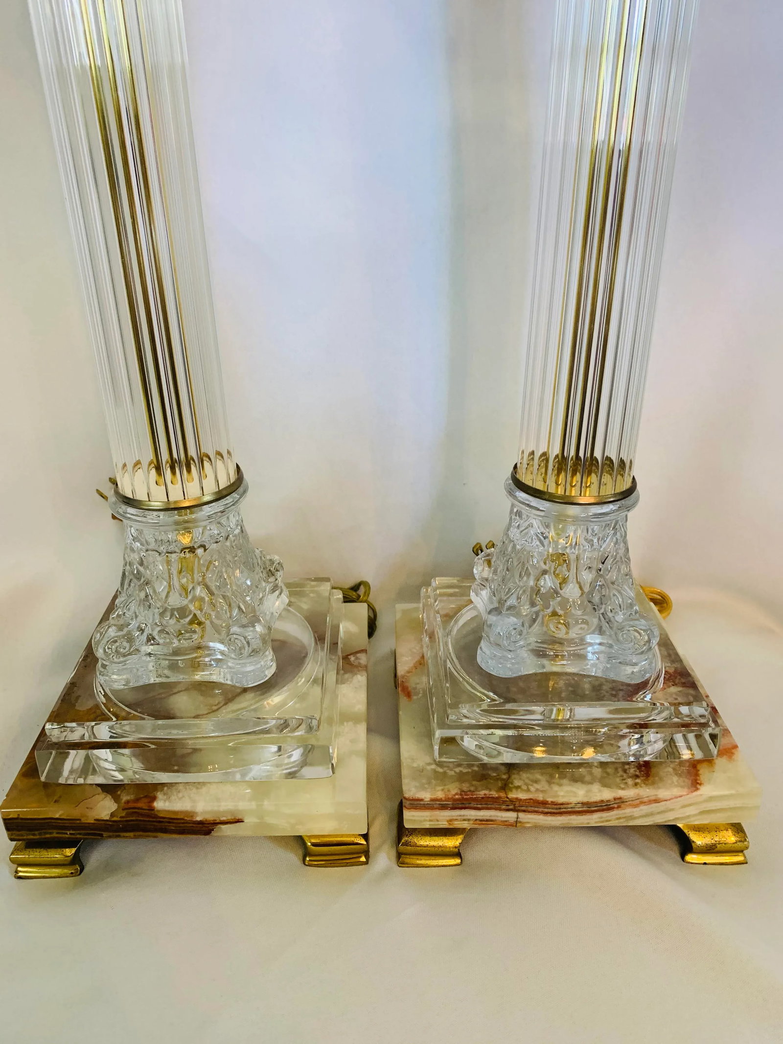 Mid 20th Century Corinthian Column-Style Marble, Glass & Brass Table Lamps - a Pair - 3