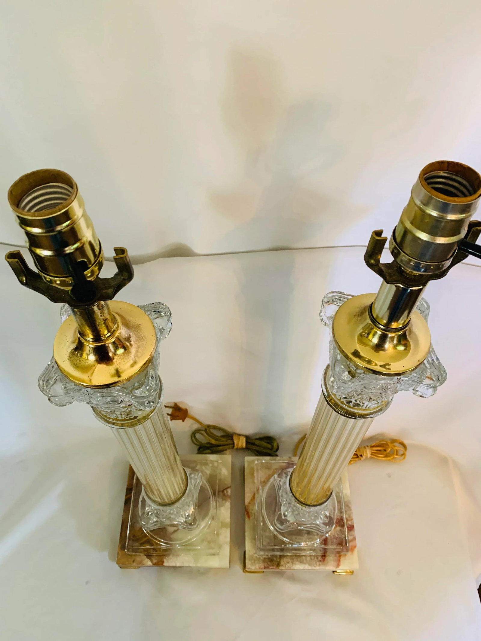 Mid 20th Century Corinthian Column-Style Marble, Glass & Brass Table Lamps - a Pair - 4