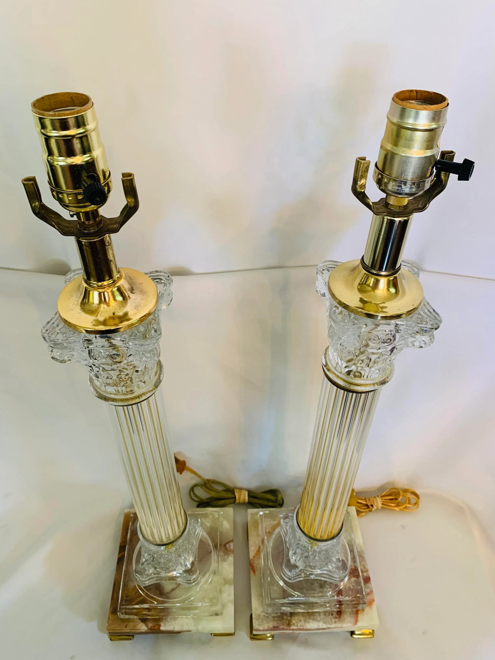 Mid 20th Century Corinthian Column-Style Marble, Glass & Brass Table Lamps - a Pair - 5