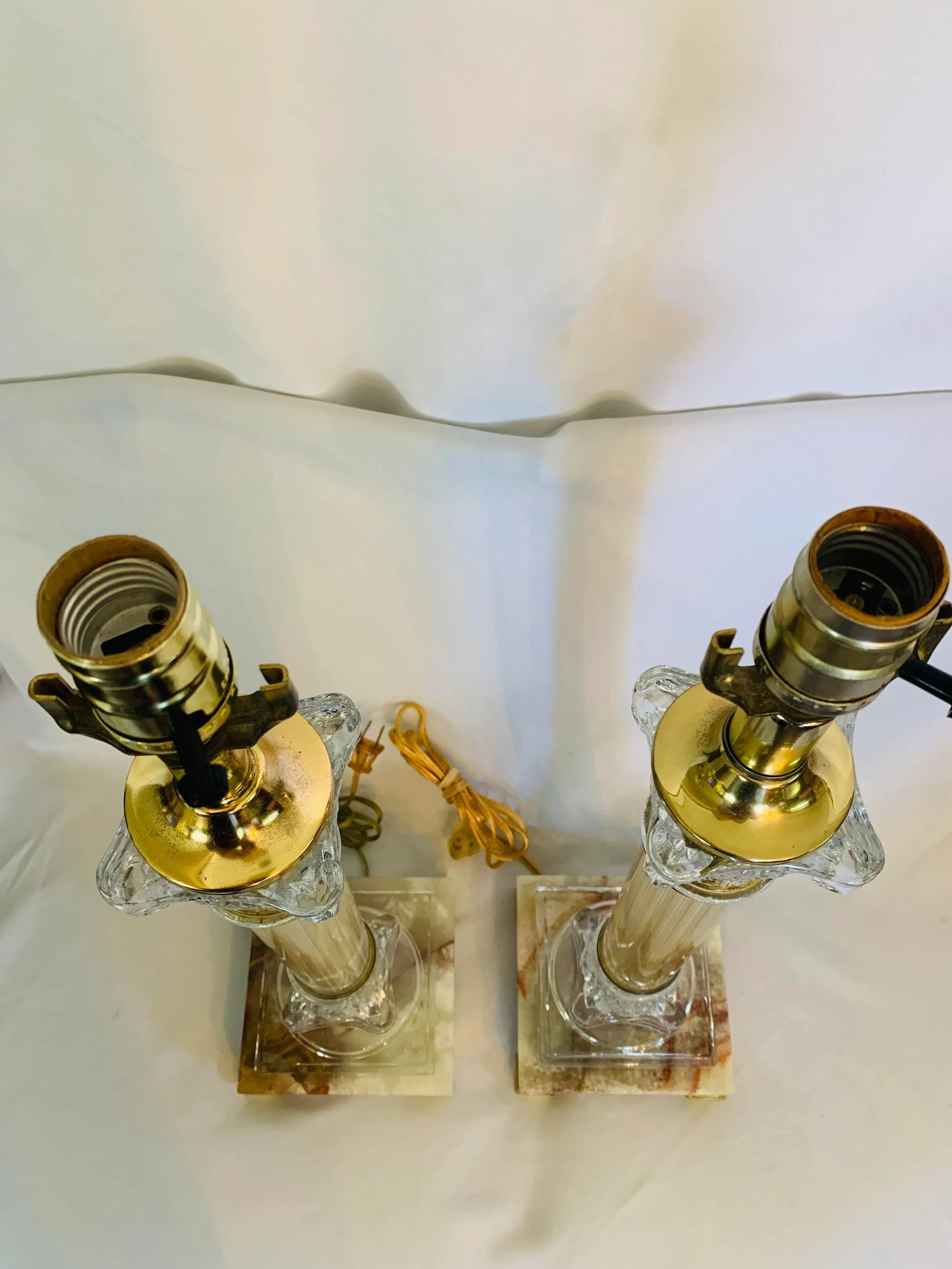 Mid 20th Century Corinthian Column-Style Marble, Glass & Brass Table Lamps - a Pair - 7