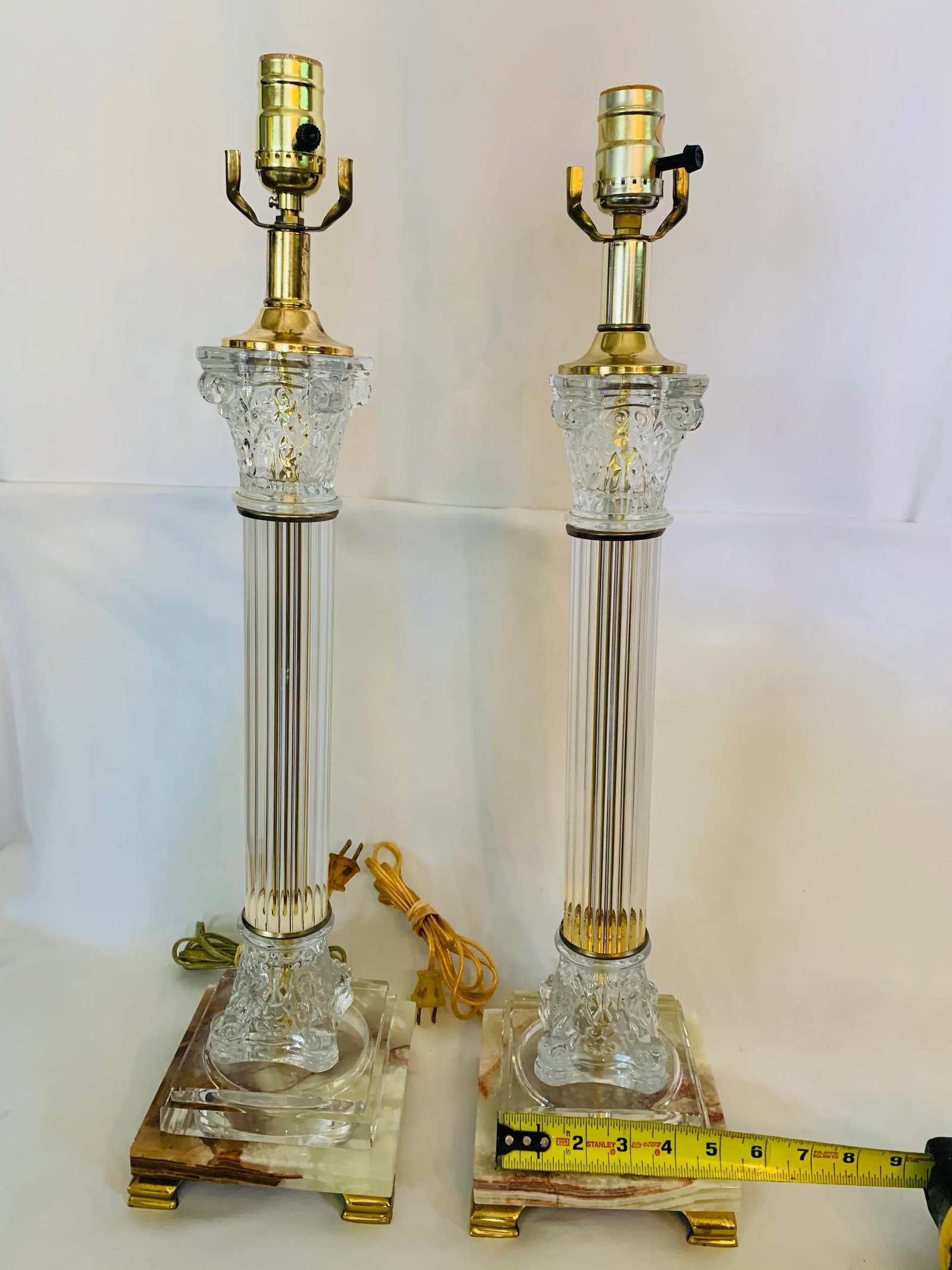 Mid 20th Century Corinthian Column-Style Marble, Glass & Brass Table Lamps - a Pair - 8