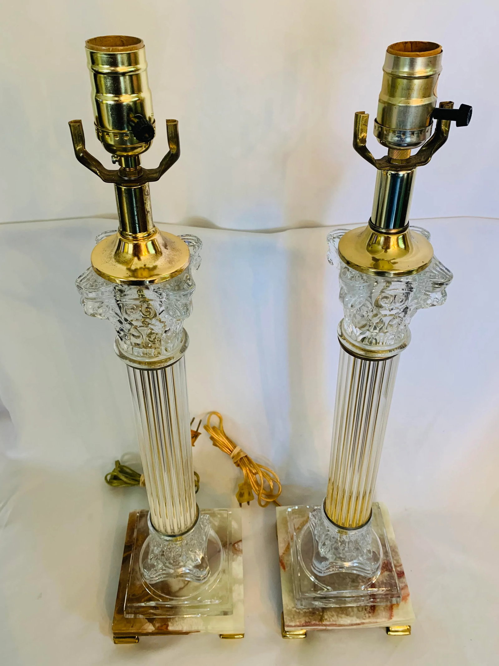 Mid 20th Century Corinthian Column-Style Marble, Glass & Brass Table Lamps - a Pair - 9