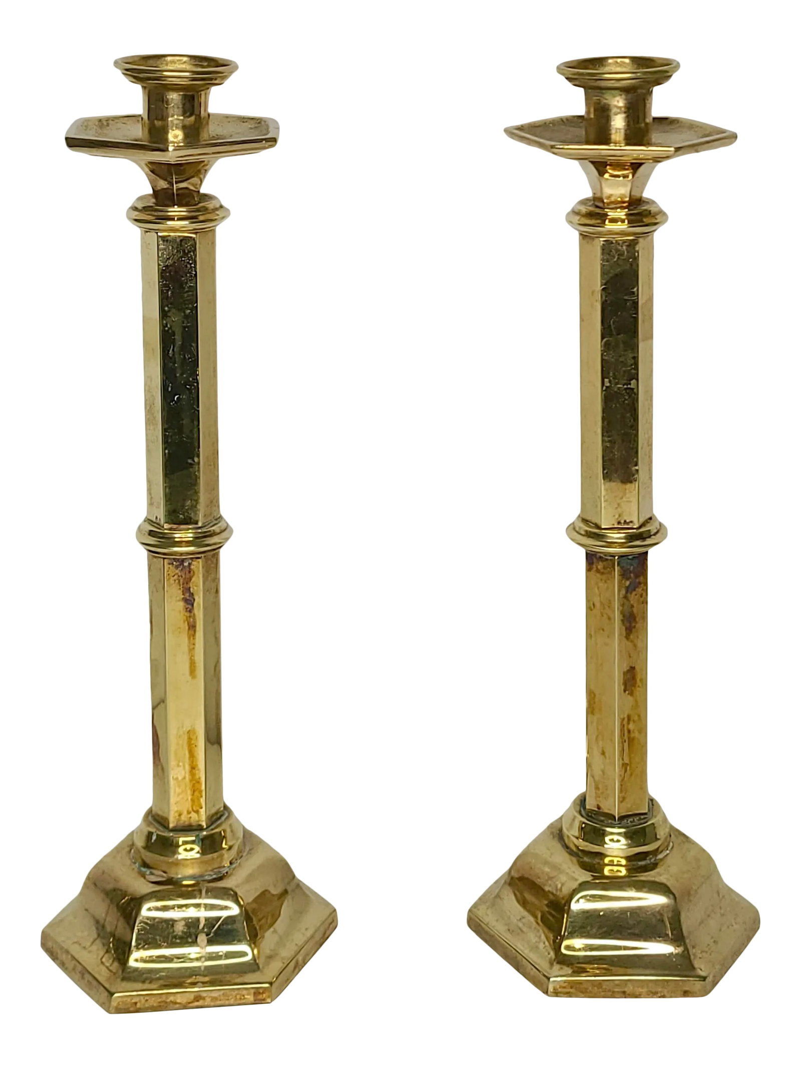 Early 20th Century Art Deco Brass Candlesticks - a Pair: Striking, art deco design in solid brass. Condition: Alterations: Original Condition Unaltered Imperfections: Some Imperfections Condition Notes: Excellent vintage condition with some tarnish and pati