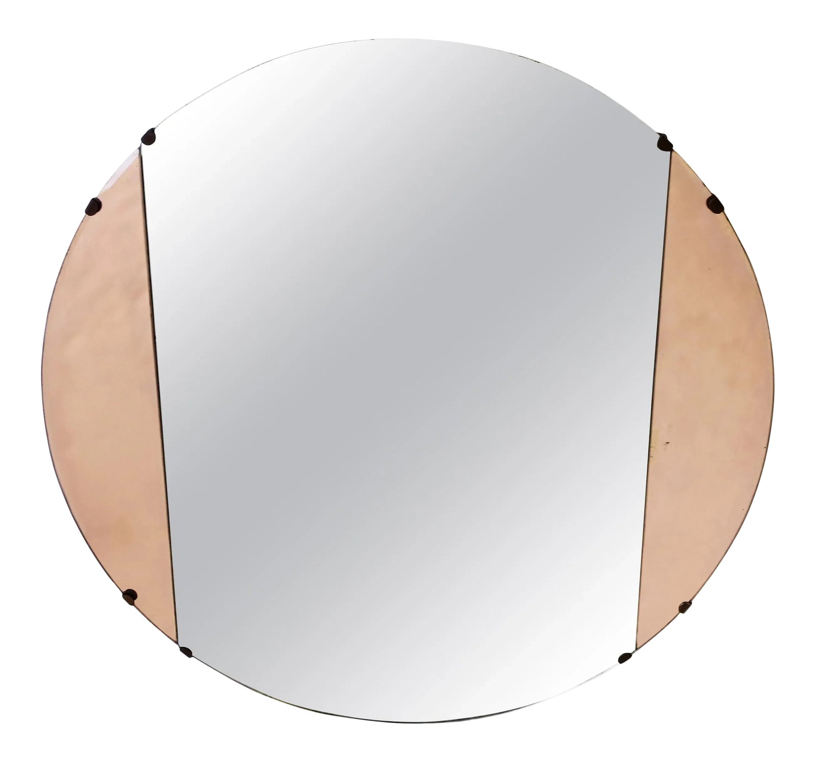 Art Deco Pink Rose Glass Round Wall Mirror, Circa 1940s: A very beautiful round Art Deco period wall mirror with pink or rose colored mirrored glass, circa 1940s, USA, as marked on back (please see images #10 and 11.) Dimensions: 23.63" diameter. Condition:
