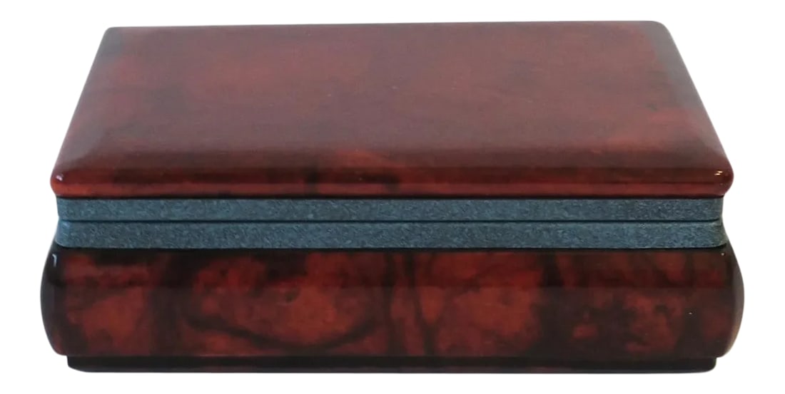 Italian Alabaster Marble Jewelry Box: An Italian dark brown alabaster marble jewelry box with a blue matte metal hinge. Box can hold jewelry or other small items. Marked made in Italy on bottom as shown in last two images. A great piece