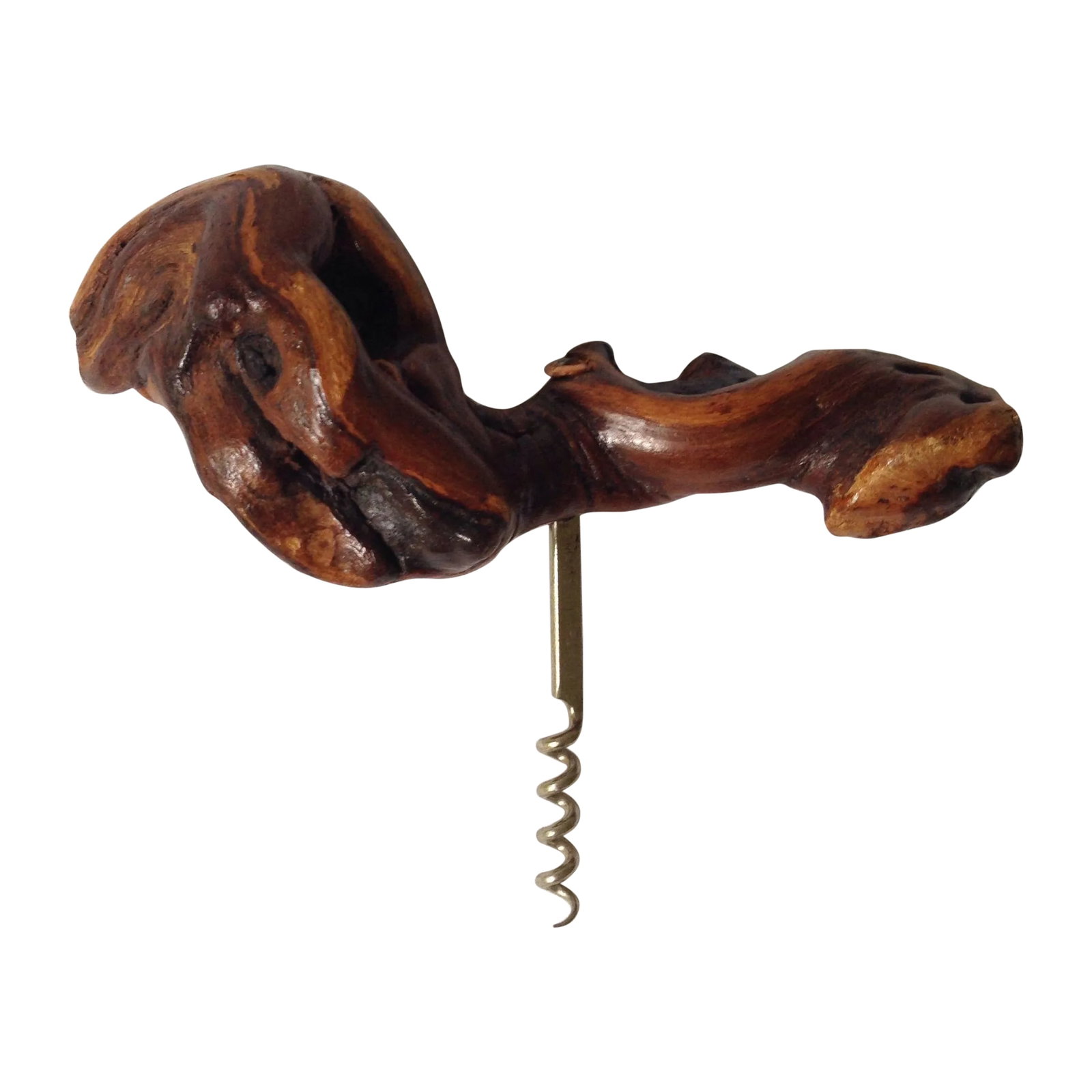 French Grape Wood Corkscrew: A beautiful vintage corkscrew with a knobby grape wood grip. Marked "Made in France." It will add a natural pop of texture to your bar cart decor. Condition: Condition Notes: Excellent - Minor wear