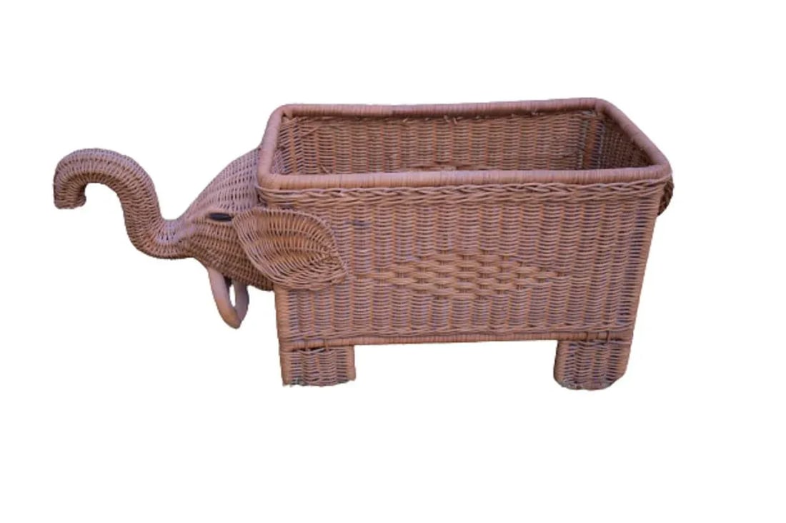 Vintage Elephant Wicker Basket Planter - 2