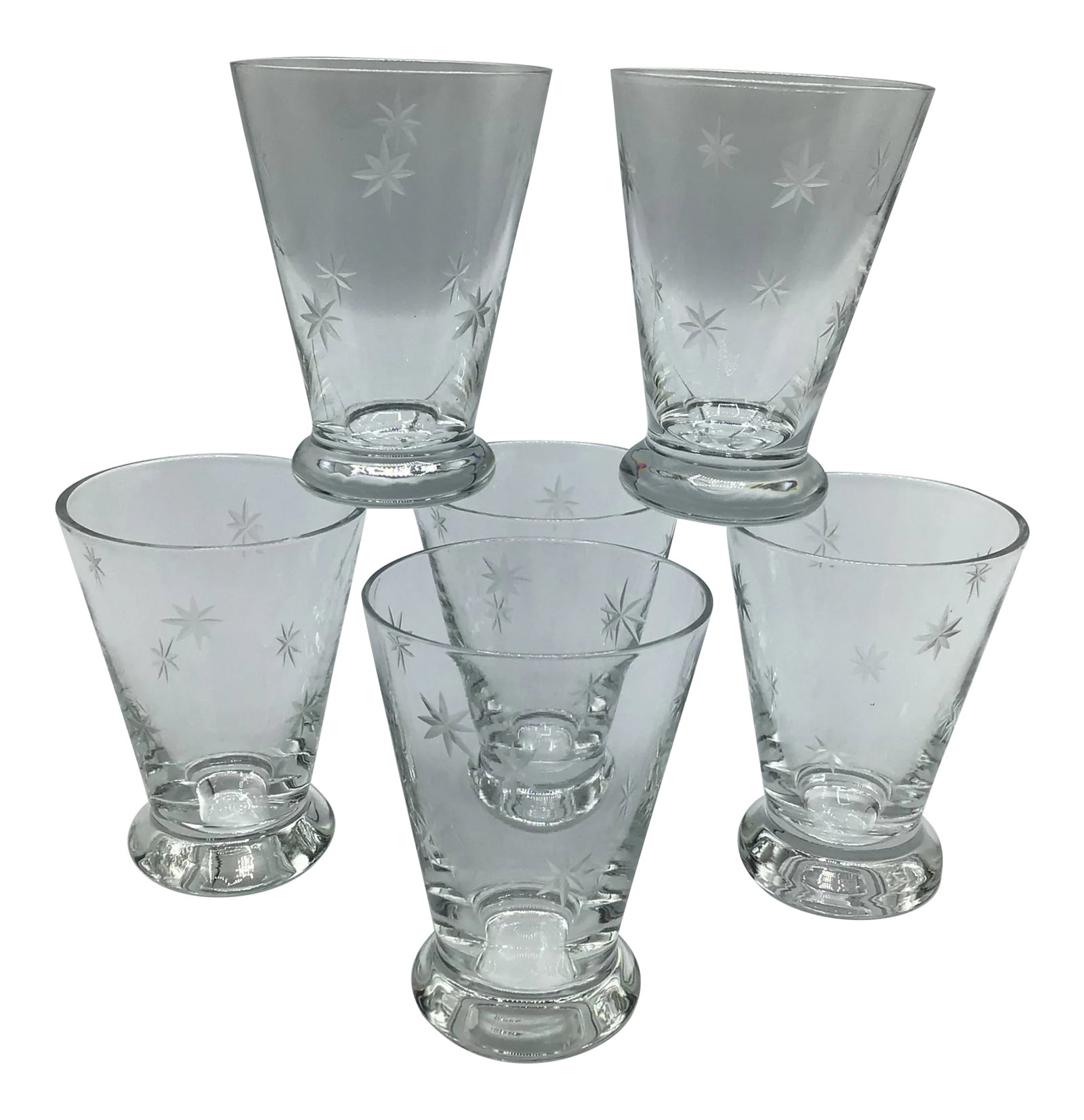 Vintage 70's Atomic Etched Cocktail Glasses-Set of 6: This set of etched starburst footed glasses could be used for an aperitif glass, shot glass, juice glass, or port glass. Condition: Alterations: Original Condition Unaltered Imperfections: Some