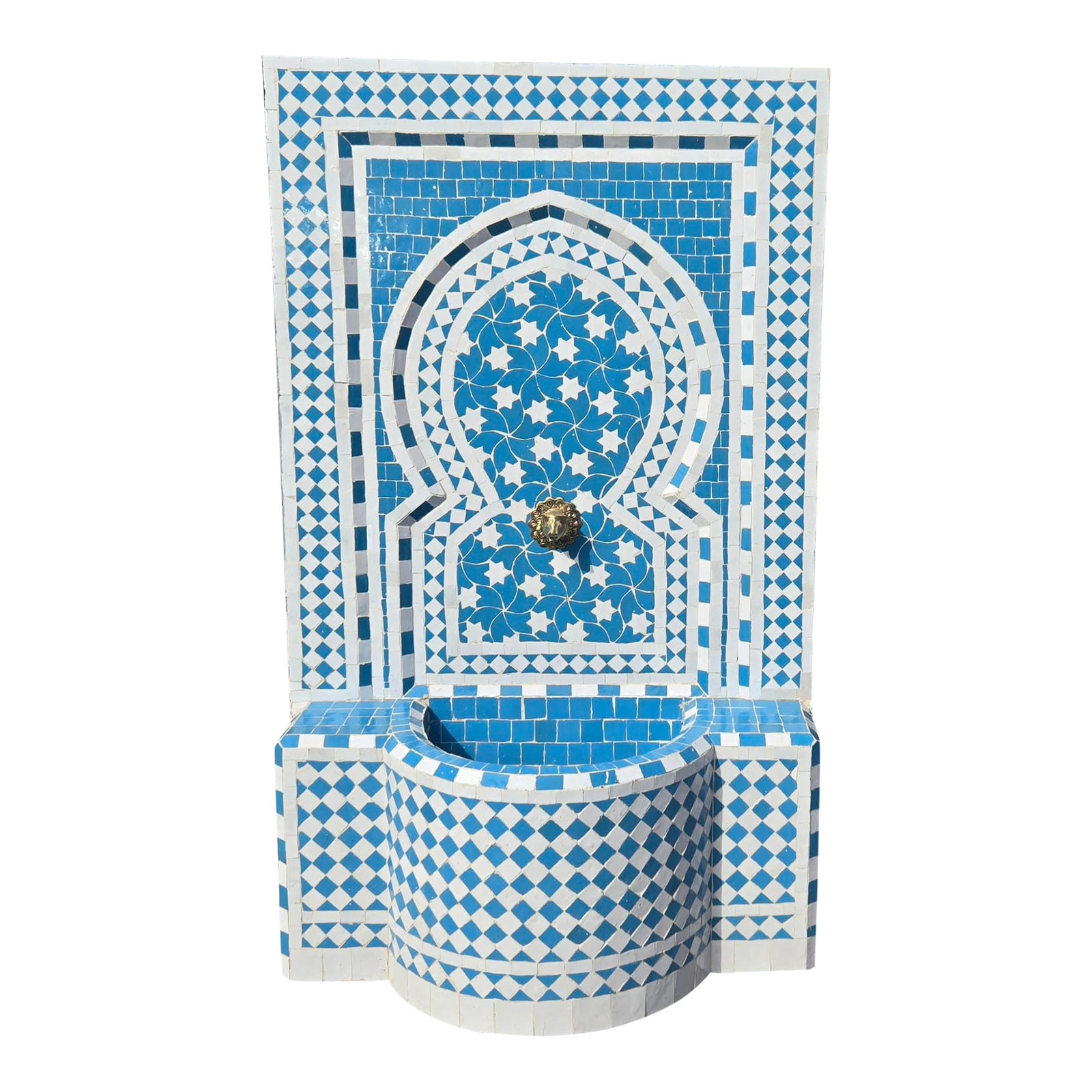 Moroccan Turquoise & White Mosaic Tile Fountain / Rafraf Style: Just arrived! Turquoise and white handmade Moroccan mosaic tile fountain made in Marrakech, Morocco. This amazing fountain measures approximately 49" high and 30" wide and comes with a boar's head cop