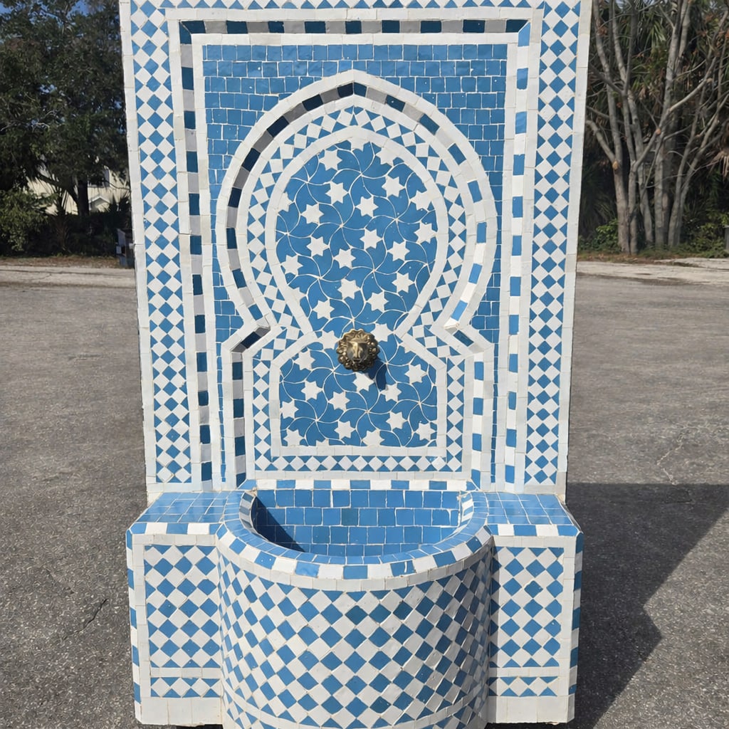 Moroccan Turquoise & White Mosaic Tile Fountain / Rafraf Style - 3