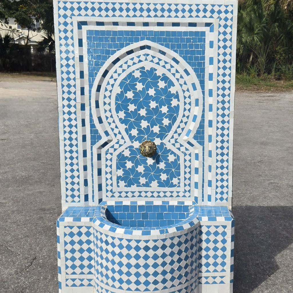 Moroccan Turquoise & White Mosaic Tile Fountain / Rafraf Style - 8