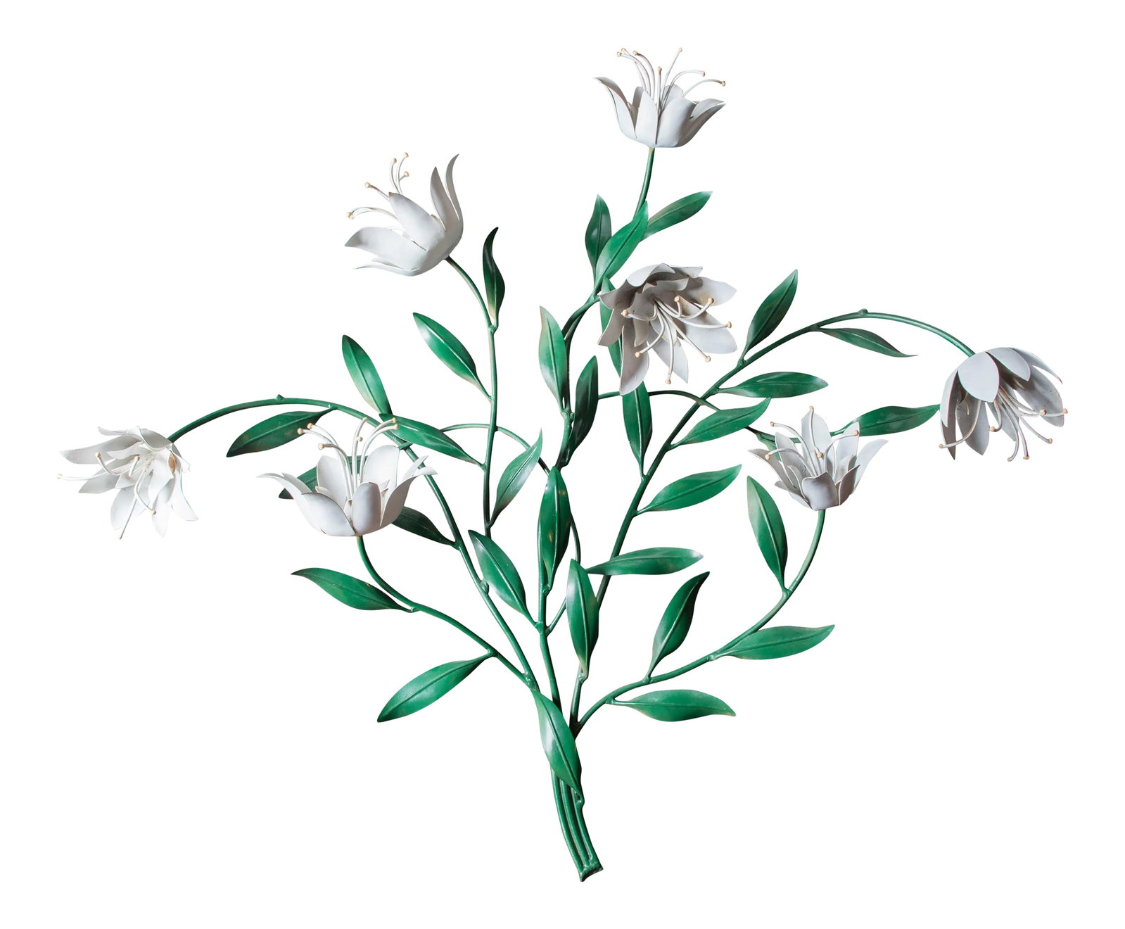 Large Italian Wrought Iron Tulip Wall Decoration: Large wrought iron tulip-like flower wall decoration. Green painted stems and leaves and white flowers. Made in Italy. Condition: Alterations: Unknown Imperfections: Some Imperfections Condition
