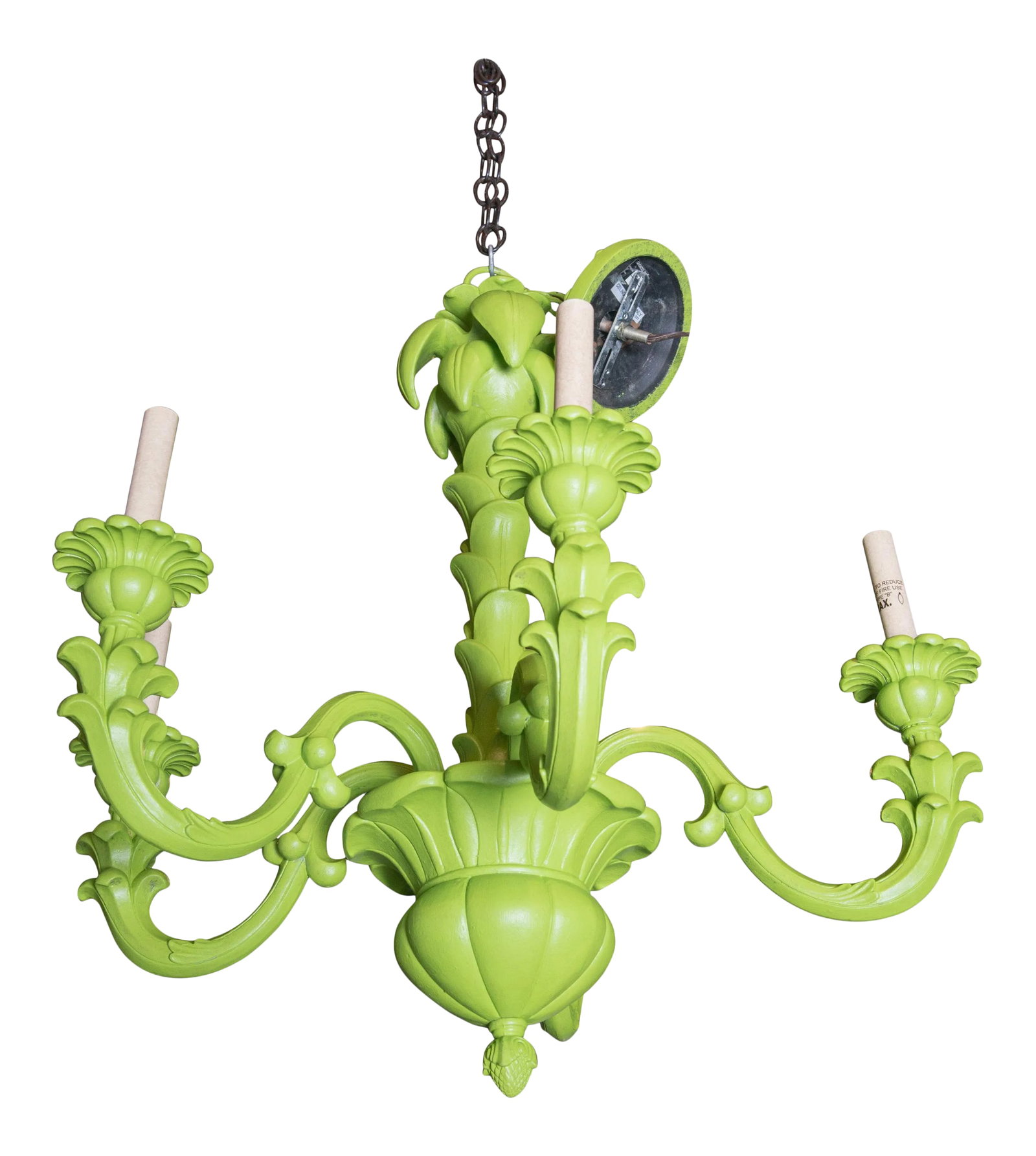 Spring Green Foliate Chandelier: Very durable composition five arm foliate chandelier with matching canopy. Fun and whimsical. Condition: Alterations: Original Design Modified Imperfections: Some Imperfections Condition Notes: Good R