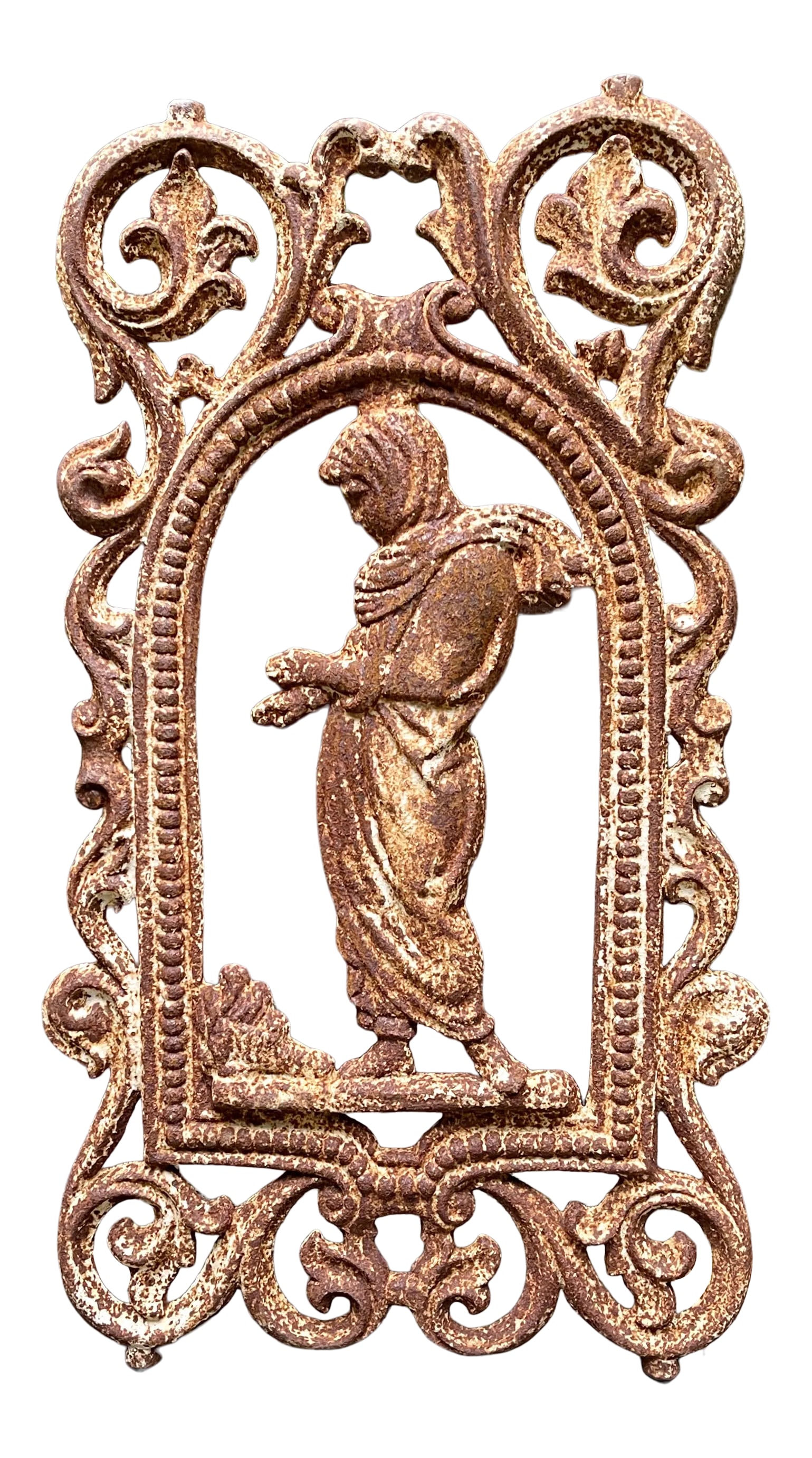 French Cast Iron Figural Flatback Rust Patina Garden Panel: A cast iron flatback panel originally from a balcony rail in France. Dating to the mid-late 19th Century, these decorative objects were used as building or garden elements. Heavy, weighing about 25 po