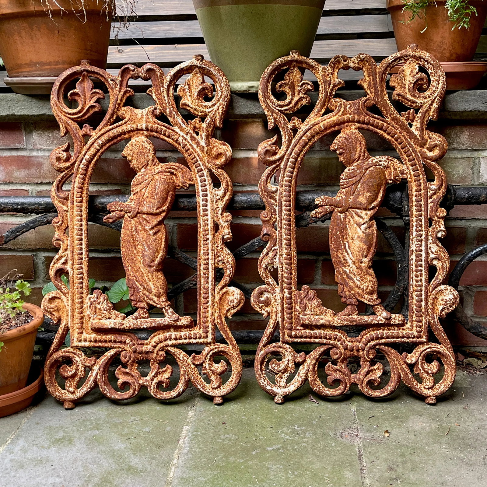 French Cast Iron Figural Flatback Rust Patina Garden Panel - 2