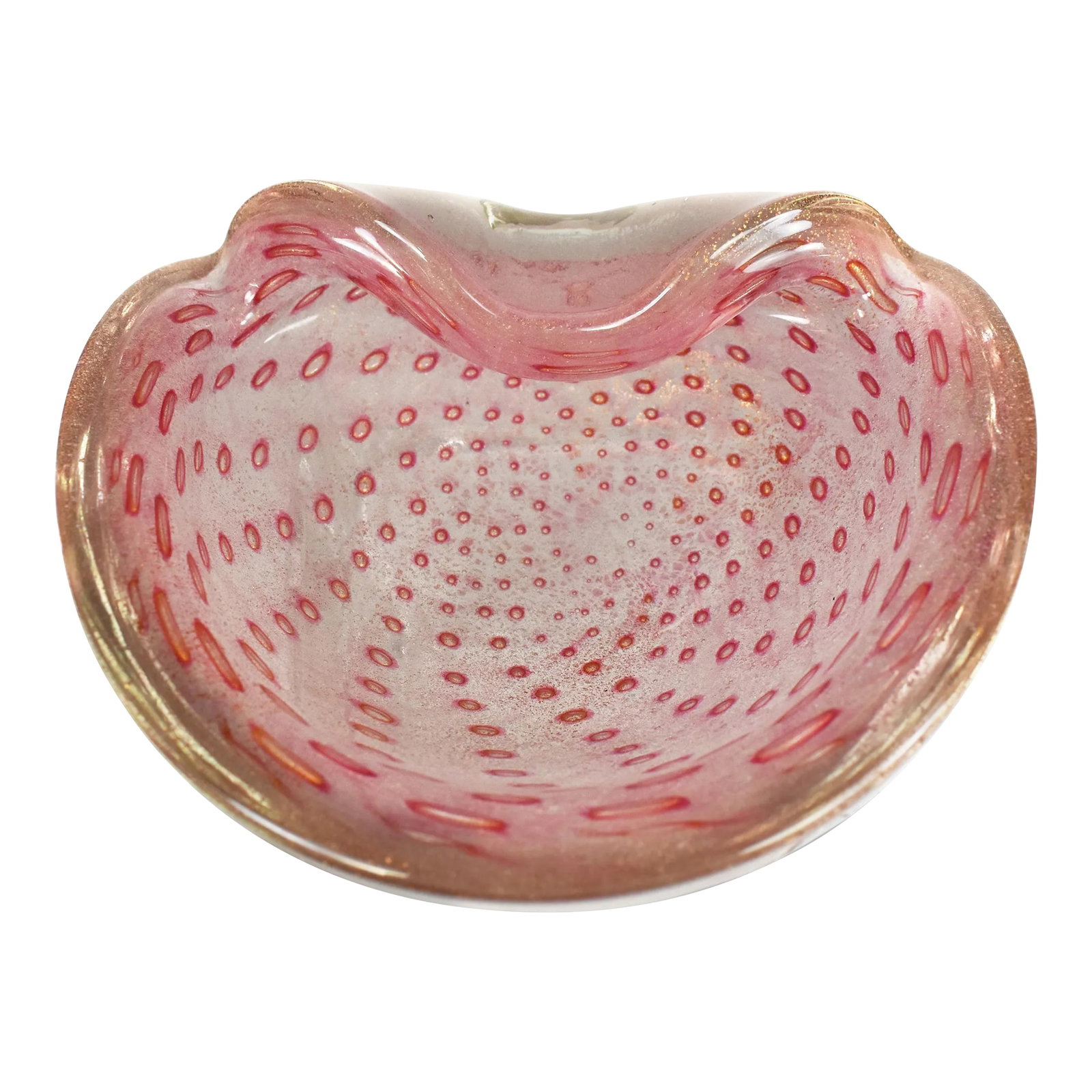 Vintage Mid-Century Modern Alfredo Barbini Murano Pink Gold Flecks Italian Art Glass Bowl: Stunning vintage hand blown Murano pink color with gold flecks and controlled bubbles design Italian art glass bowl ashtray. It profusely covered in gold flecks, with the gold clinging to each of the