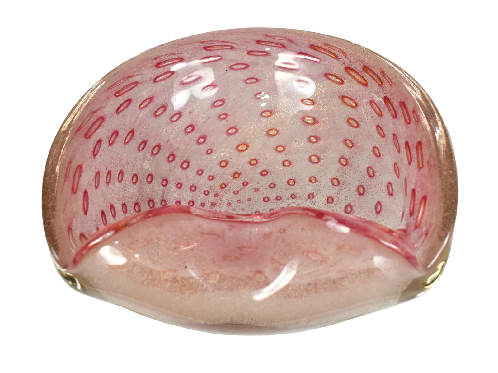 Vintage Mid-Century Modern Alfredo Barbini Murano Pink Gold Flecks Italian Art Glass Bowl - 2
