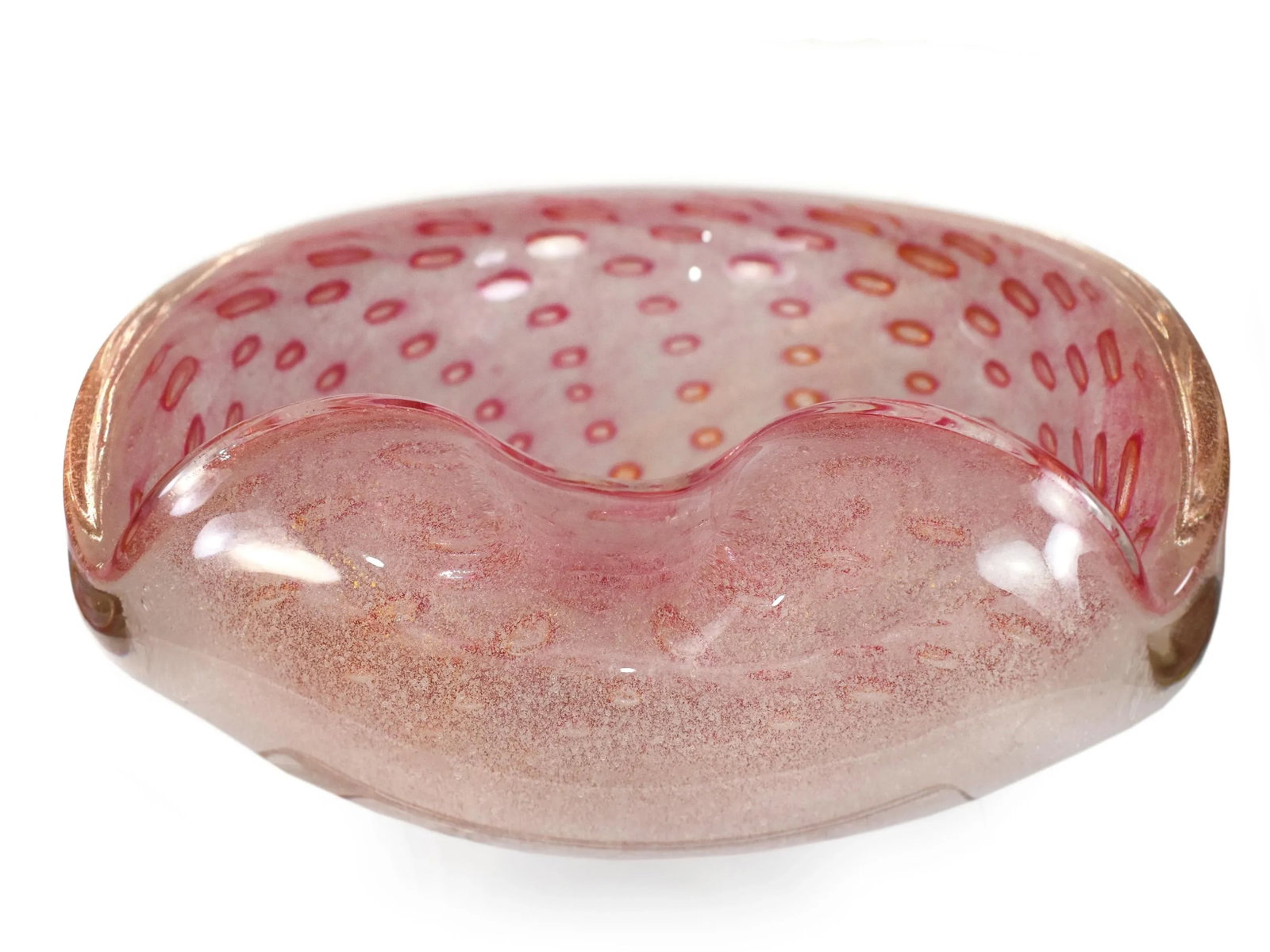 Vintage Mid-Century Modern Alfredo Barbini Murano Pink Gold Flecks Italian Art Glass Bowl - 3