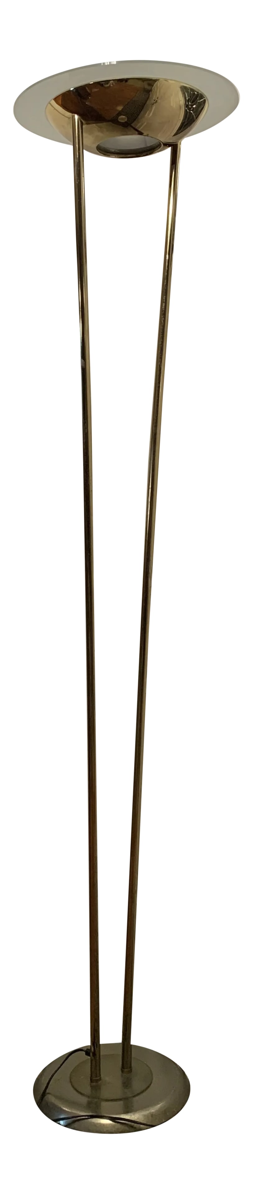 Vintage 1980s Relco Brass Floor Torch Lamp, Made in Italy: Italian Relco brass dimmable floor lamp, with clear glass shade. Original, working condition, has some patina in the metal. Sticker Made in Italy on the base. Dimmer switch is marked Relco Milano Ital