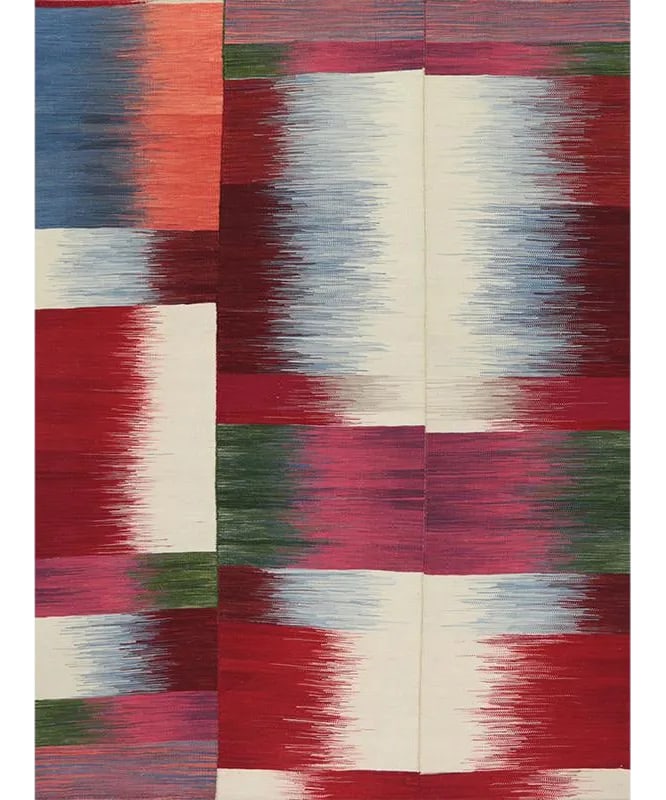 Handwoven Scandinavian Style Persian Kilim Rug 5'4'' X 7'0'': This remarkable contemporary Scandinavian Style Kilim area rug features a dramatic pop of electrifying colors in a playfully rich design. The innovative modern use of colors certainly brings a