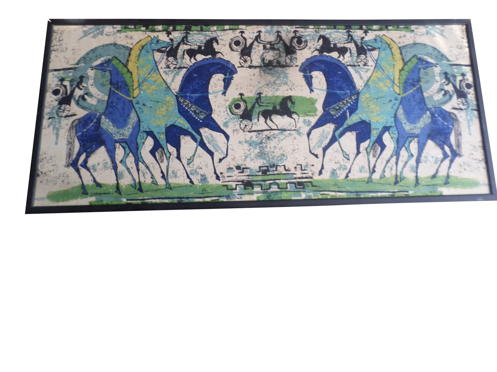 1950 Etruscan Horse & Chariot's Roman Fabric Panel: Here is a Epic 1950's Rare Payne & Company Dayton, Ohio 100% Linen Fabric Wall Art Panel of Etruscan Horses and Chariots in a Blue and Green on a Cream Background with Vivid Color and that makes this