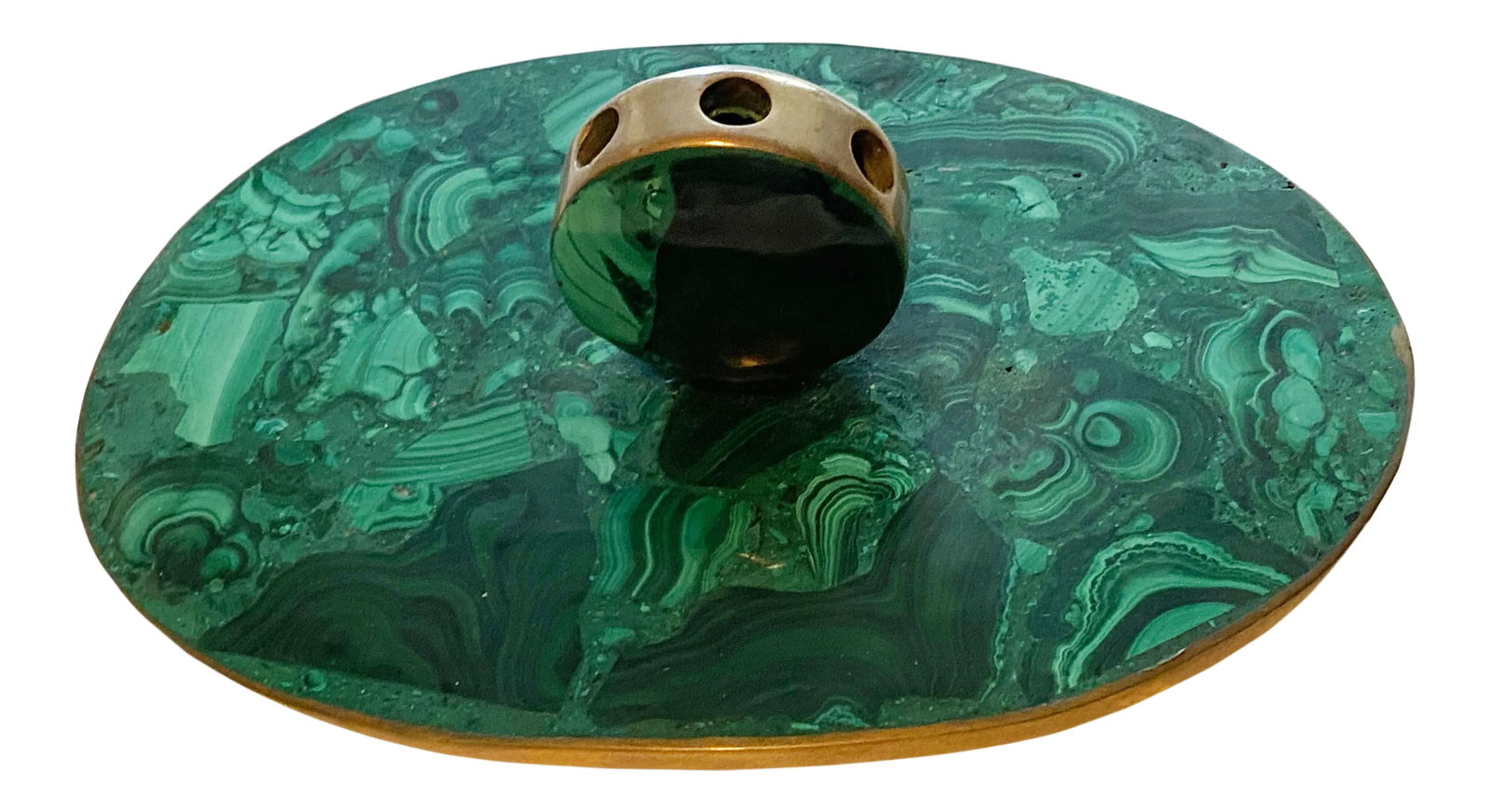 French Art Deco Malachite Pen Holder: A real statement piece! An art deco malachite with brass three pen holder. France, circa 1930s. Condition: Alterations: Original Condition Unaltered Imperfections: Some Imperfections Condition Notes: