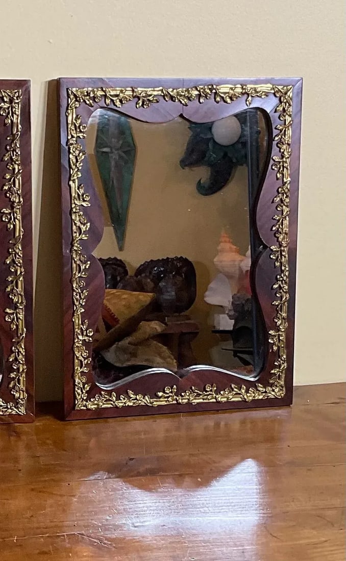 Small Antique 1920s Wood and Bronze Wall Mirror - a Pair - 10