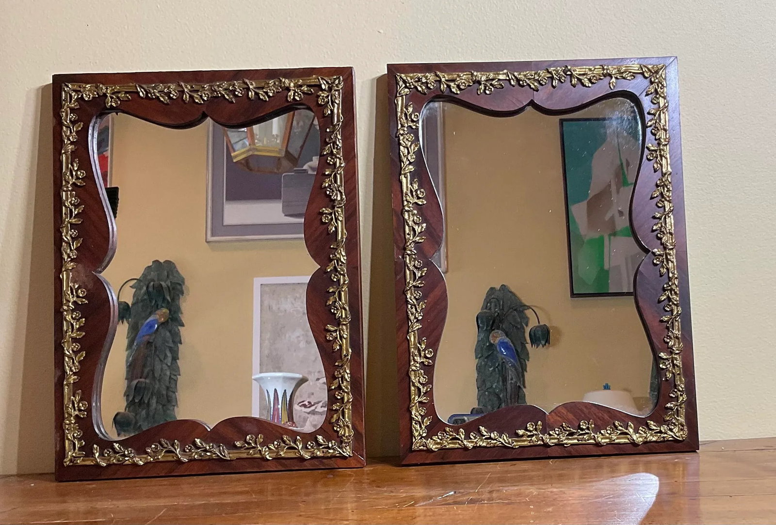 Small Antique 1920s Wood and Bronze Wall Mirror - a Pair - 13