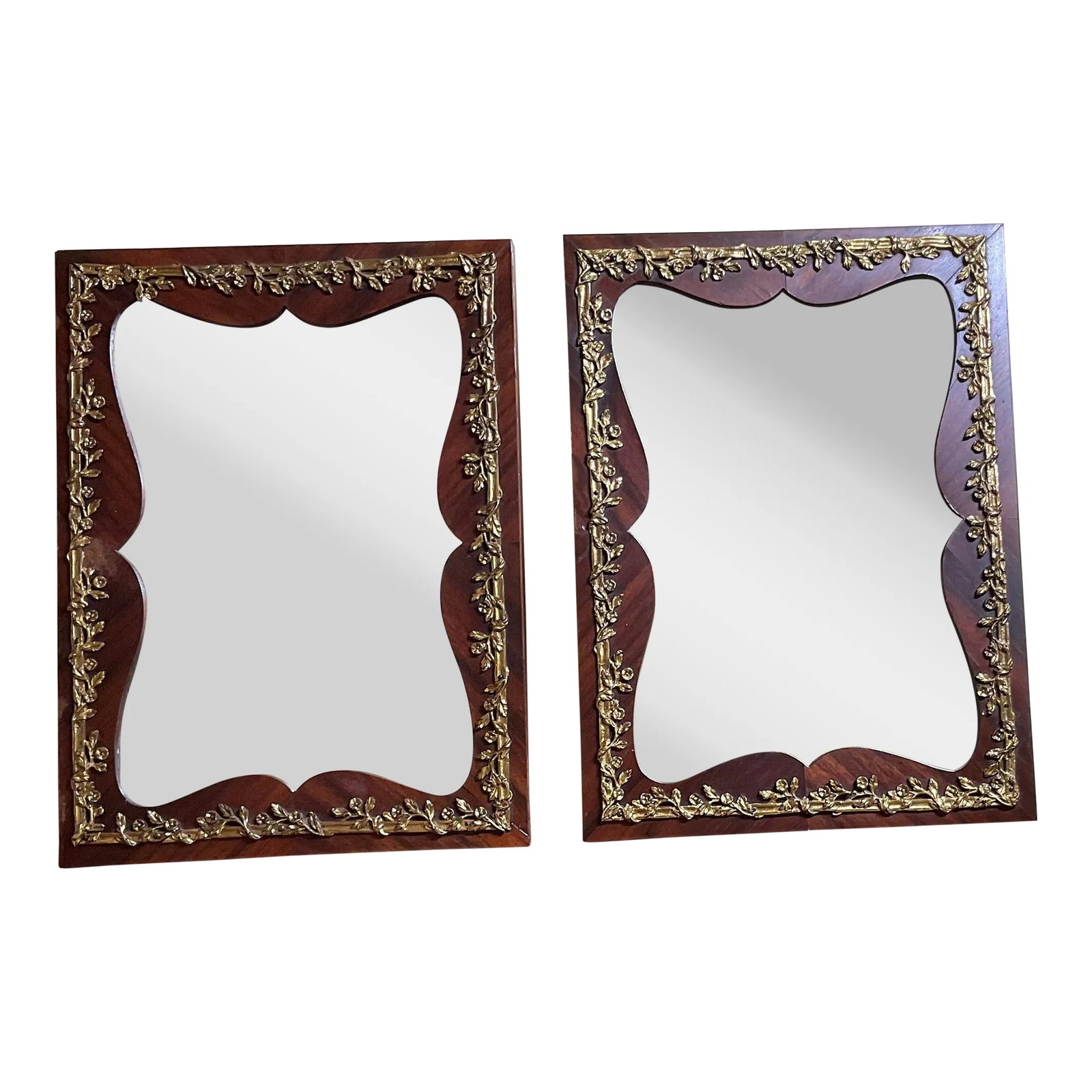Small Antique 1920s Wood and Bronze Wall Mirror - a Pair: Beautiful pair of small funky mirrors made of solid wood with Veneer cover and exceptional bronze trimming. This pair of mirror were originally doors of French jewelry vitrine that salvaged and profes
