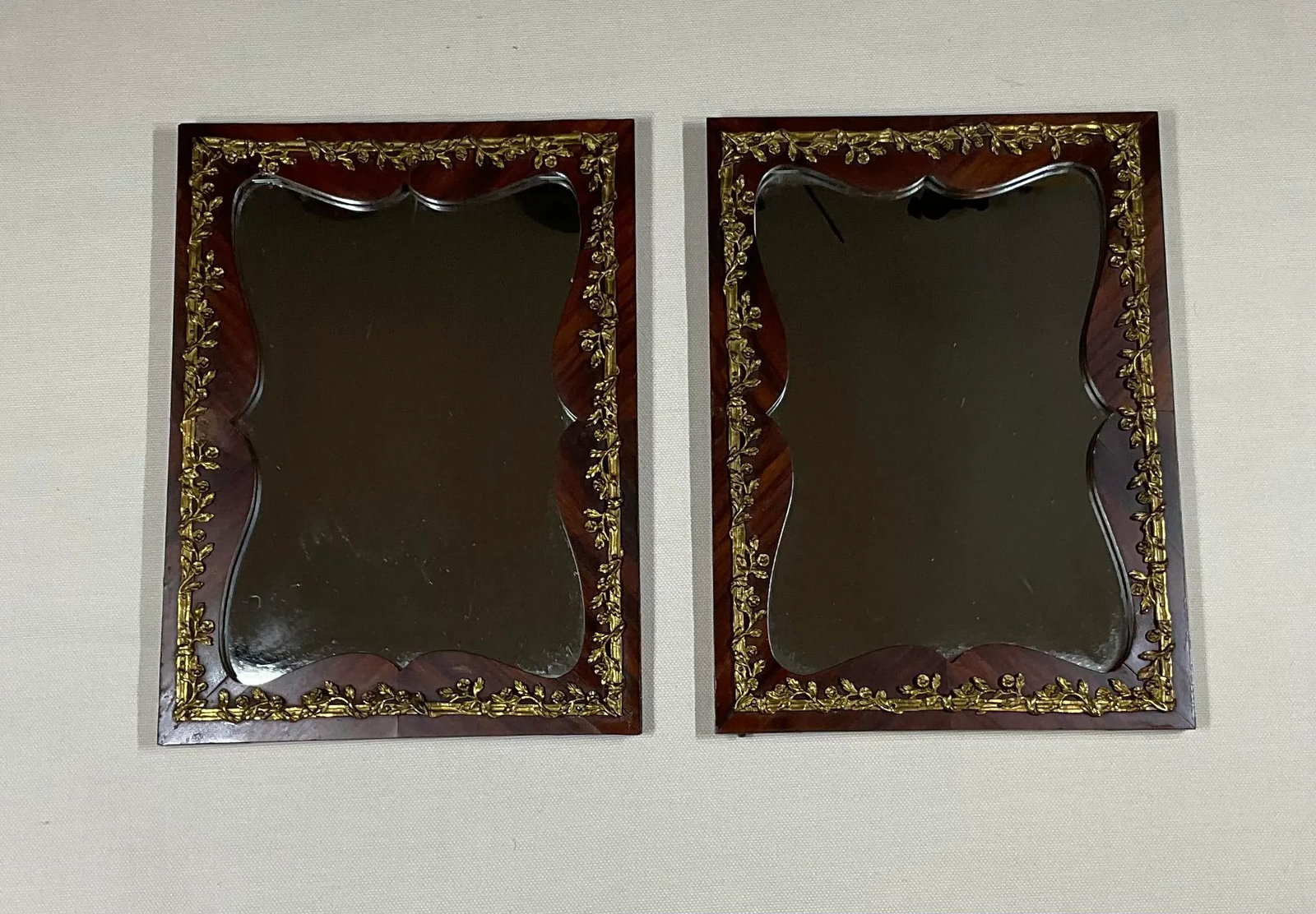 Small Antique 1920s Wood and Bronze Wall Mirror - a Pair - 2