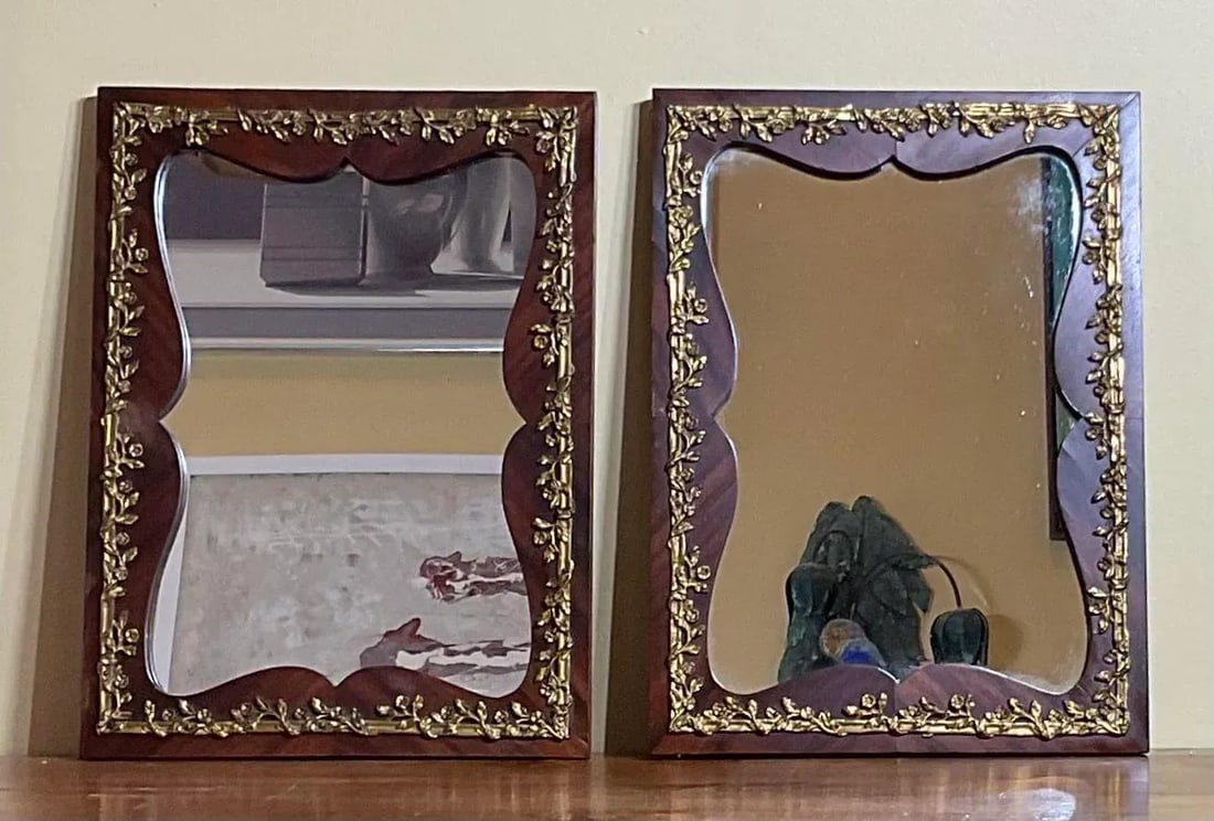 Small Antique 1920s Wood and Bronze Wall Mirror - a Pair - 3