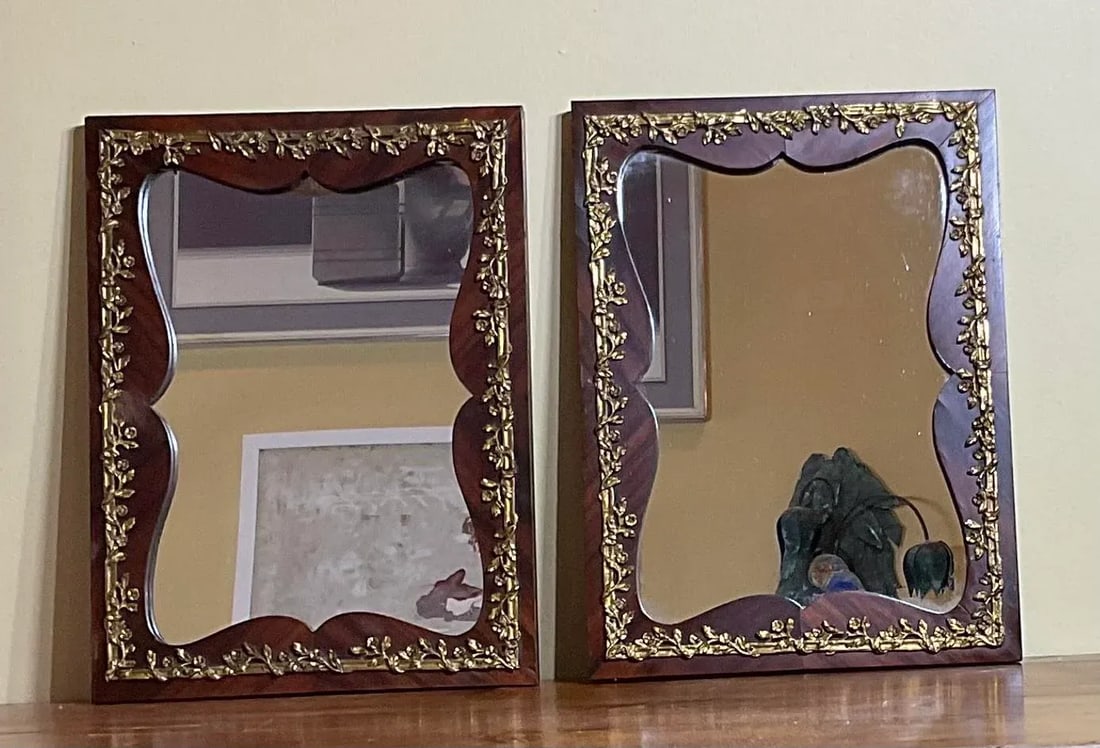 Small Antique 1920s Wood and Bronze Wall Mirror - a Pair - 4