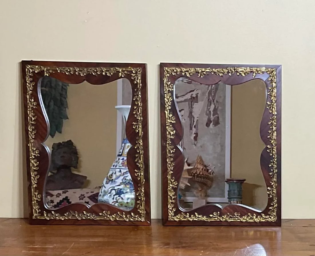 Small Antique 1920s Wood and Bronze Wall Mirror - a Pair - 6