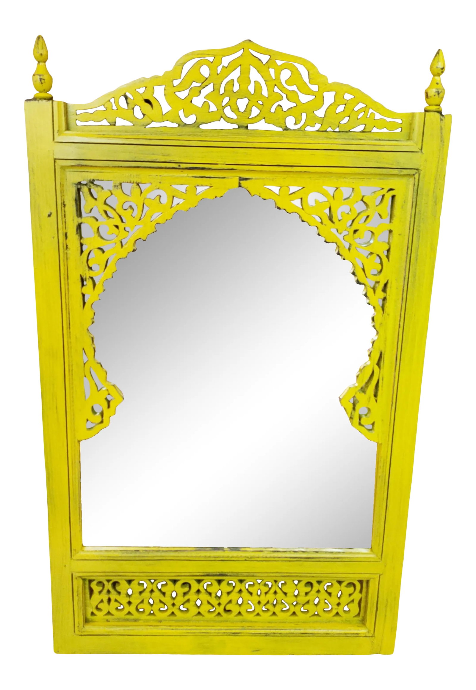 Contemporary Yellow Moroccan Hand-Carved Wooden Mirror: Color: Yellow. Moroccan hand carved cedar wood mirror and frame measuring approximately 30" in height, 18" in width, and 2" in depth. Repurposed wood is in excellent shape. Great add-on to your home,
