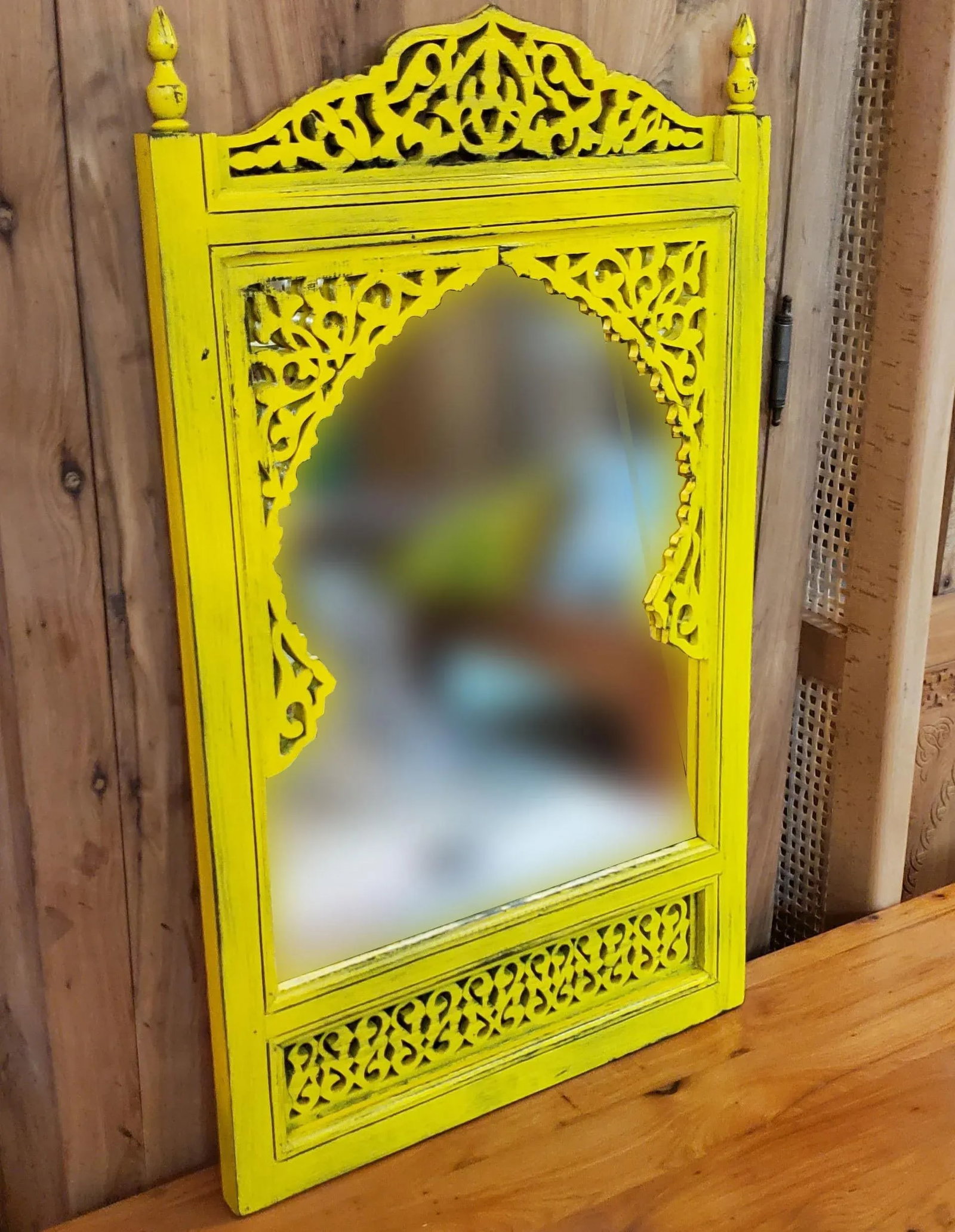 Contemporary Yellow Moroccan Hand-Carved Wooden Mirror - 3